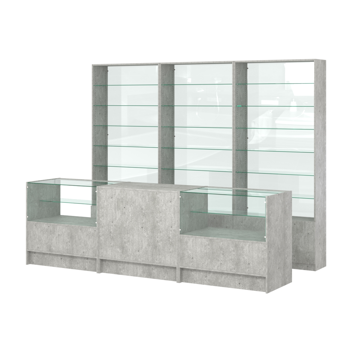 Комплект стеллажей со стеклянными полками U-6 №12-1 и прилавков ЭК-03 Метрополитан Грей