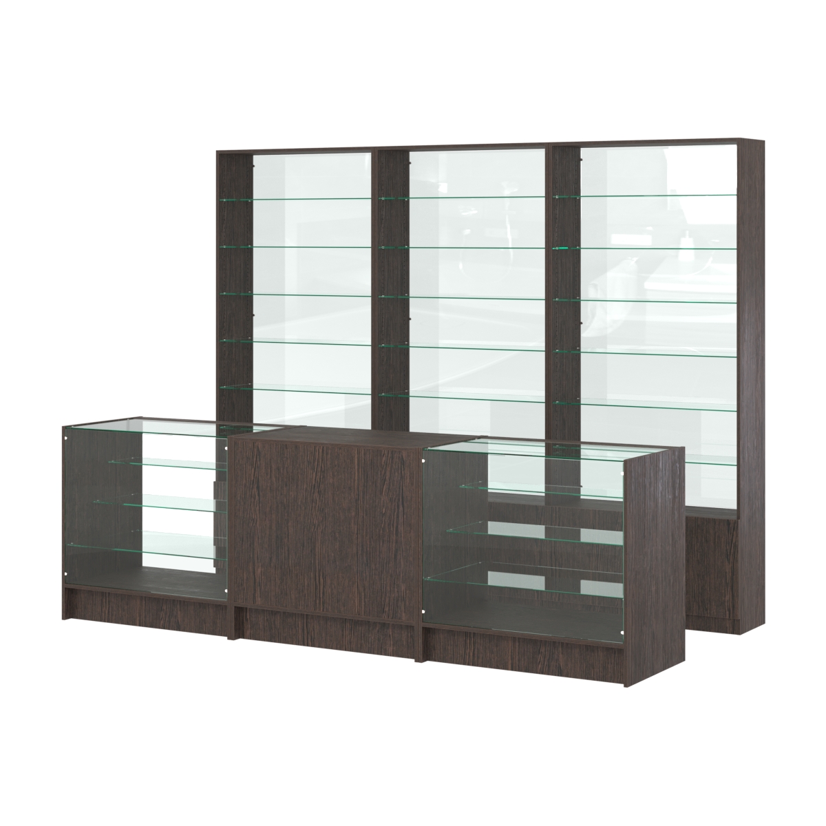 Комплект стеллажей со стеклянными полками U-6 №12-1 и прилавков ЭК-04 Дуб Венге