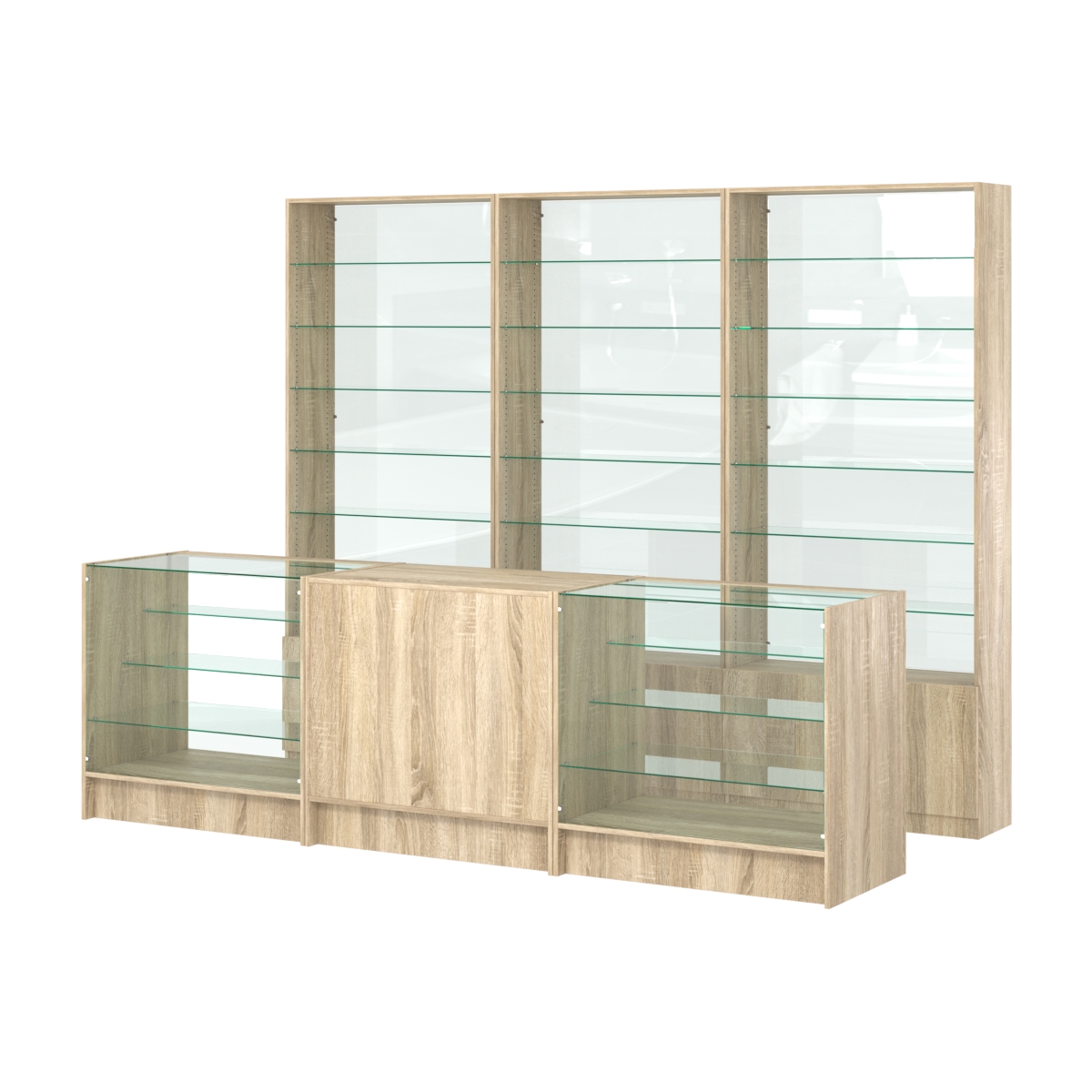 Комплект стеллажей со стеклянными полками U-6 №12-1 и прилавков ЭК-04 Дуб сонома