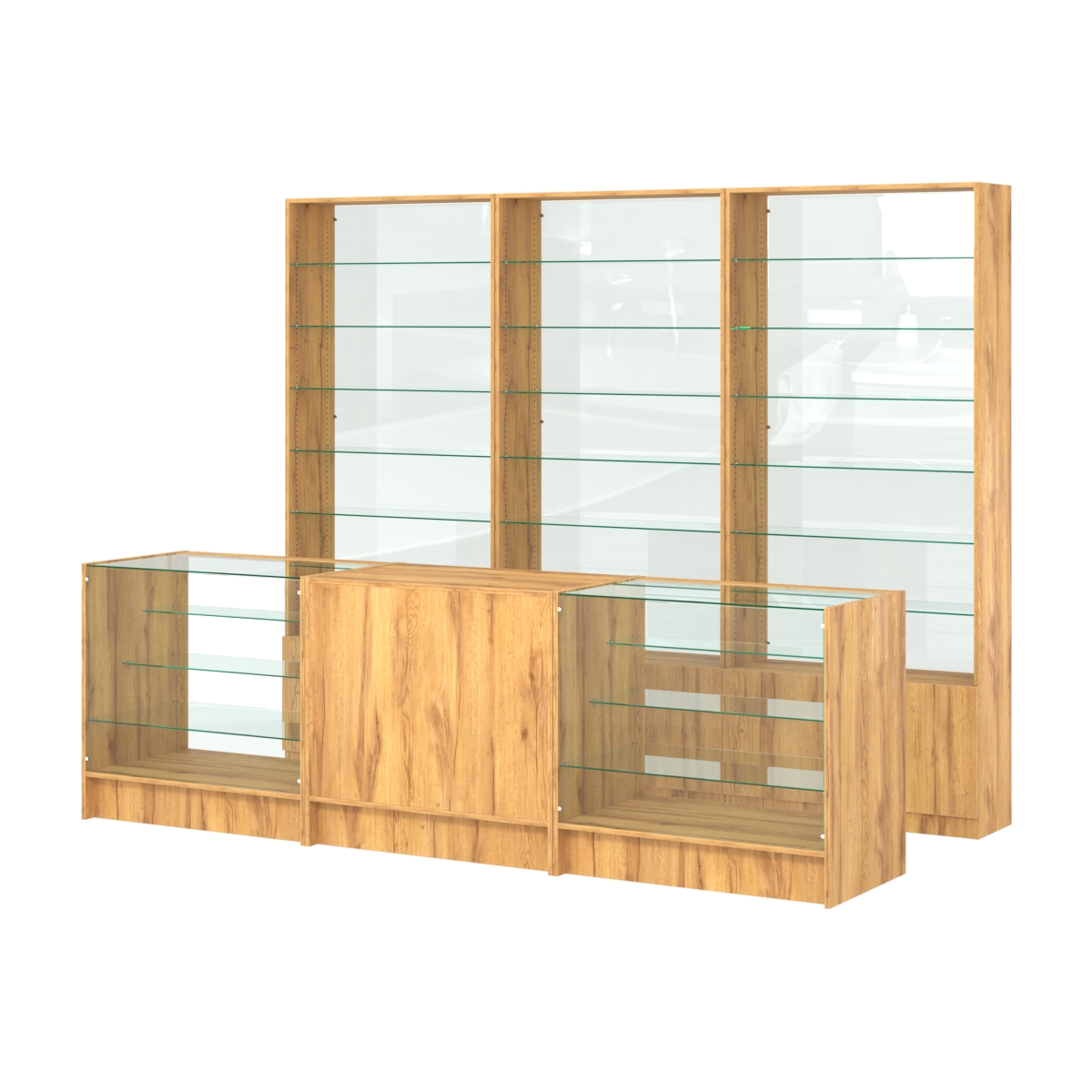 Комплект стеллажей со стеклянными полками U-6 №12-1 и прилавков ЭК-04 Дуб Золотистый