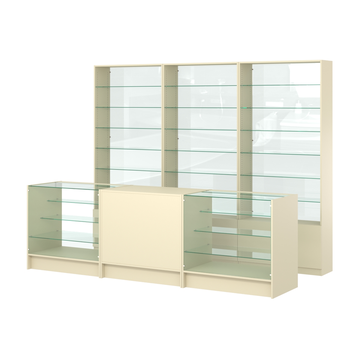 Комплект стеллажей со стеклянными полками U-6 №12-1 и прилавков ЭК-04 Крем Вайс