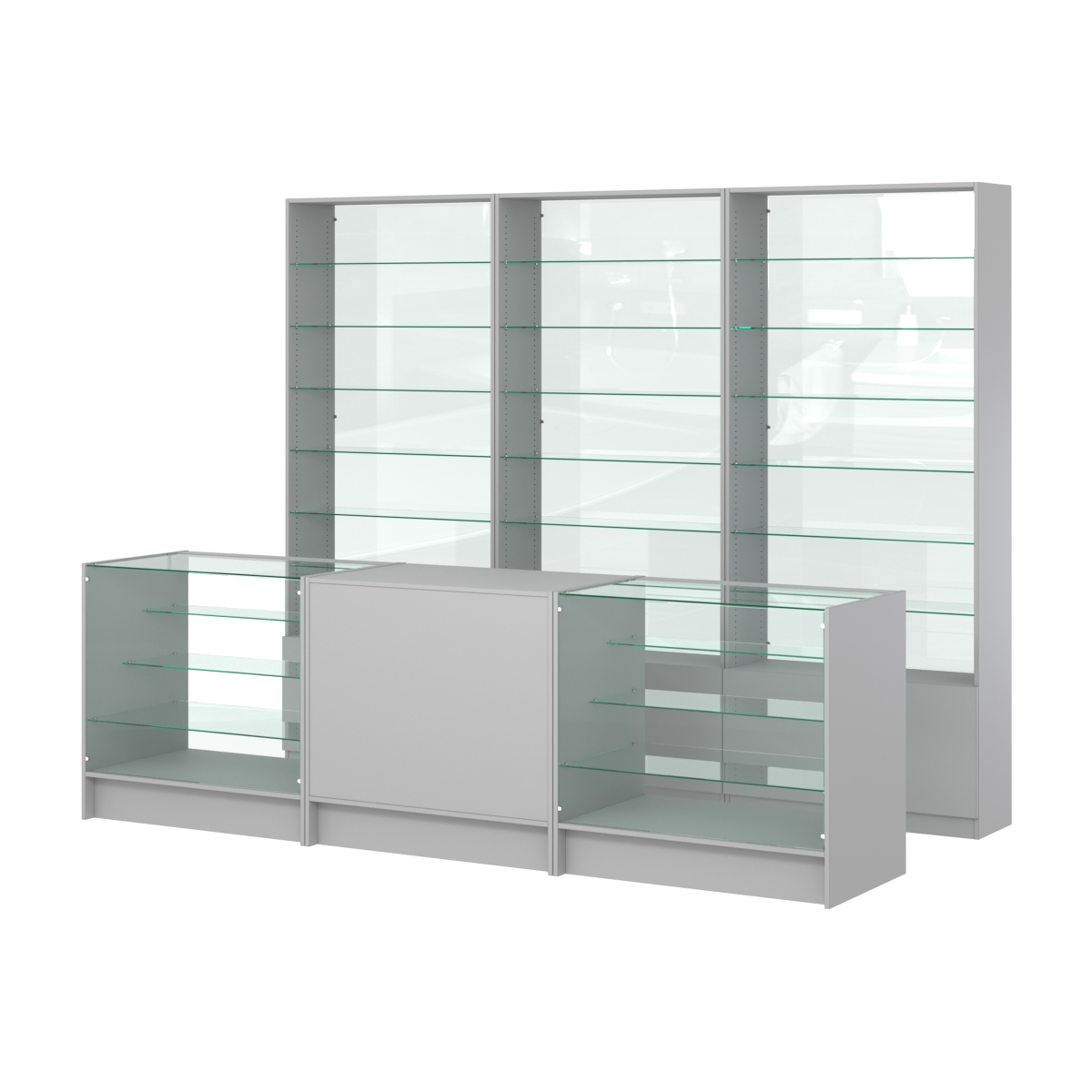 Комплект стеллажей со стеклянными полками U-6 №12-1 и прилавков ЭК-04 Серый