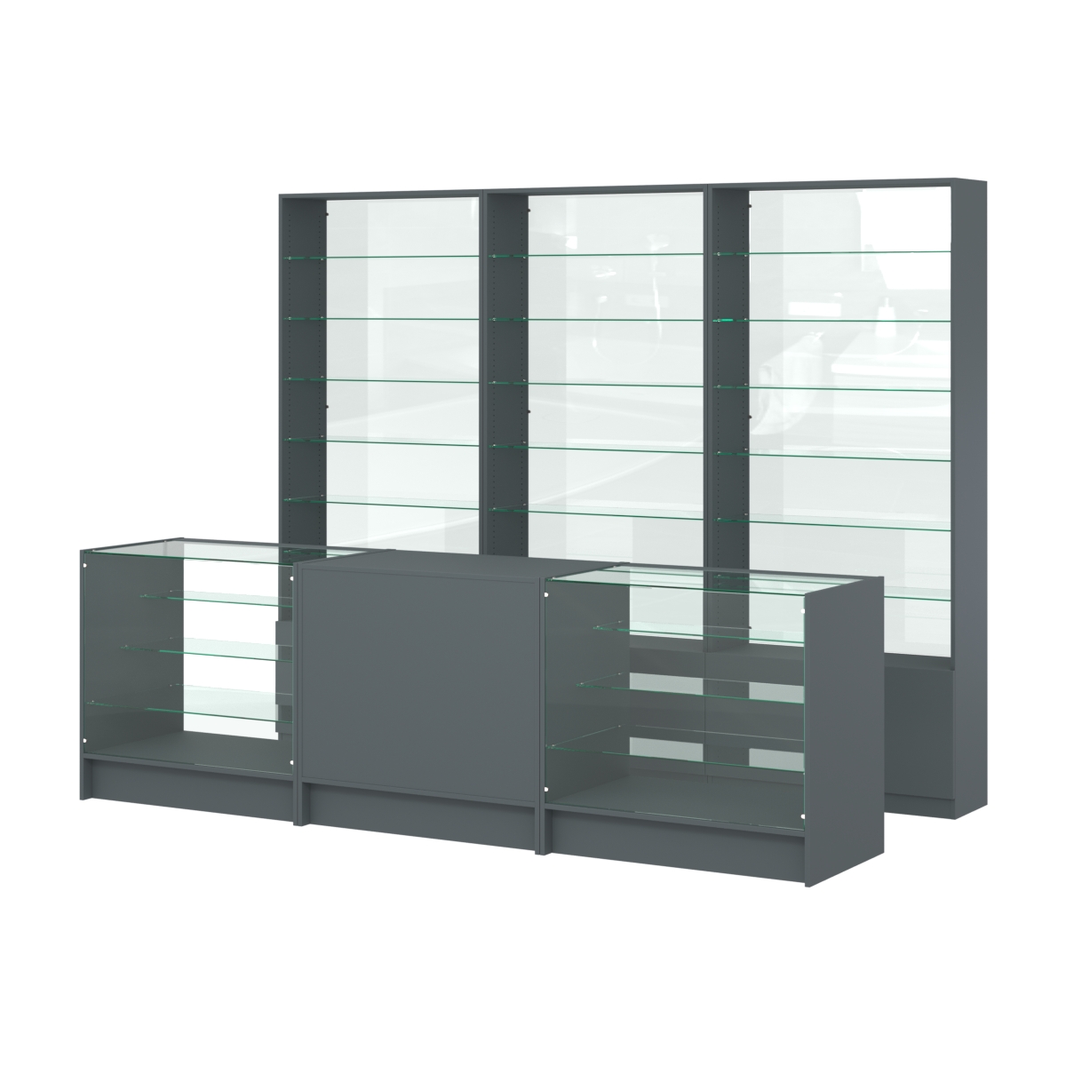 Комплект стеллажей со стеклянными полками U-6 №12-1 и прилавков ЭК-04 Темно-Серый
