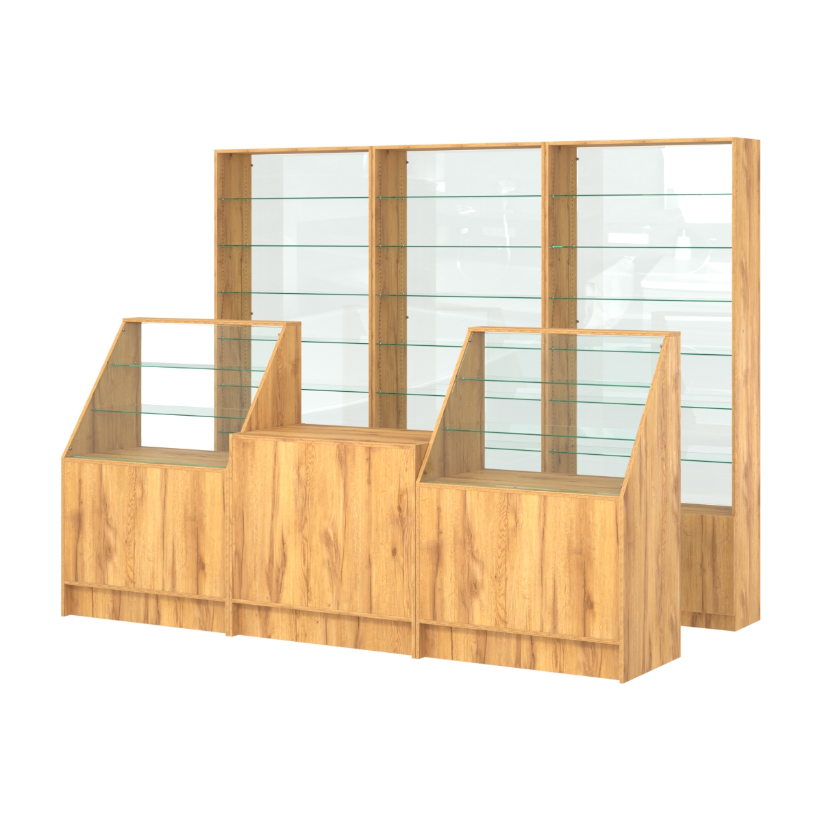 Комплект стеллажей со стеклянными полками U-6 №12-1 и прилавков ЭК-07 Дуб Золотистый