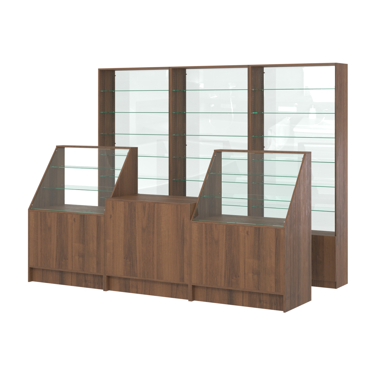 Комплект стеллажей со стеклянными полками U-6 №12-1 и прилавков ЭК-07 Орех