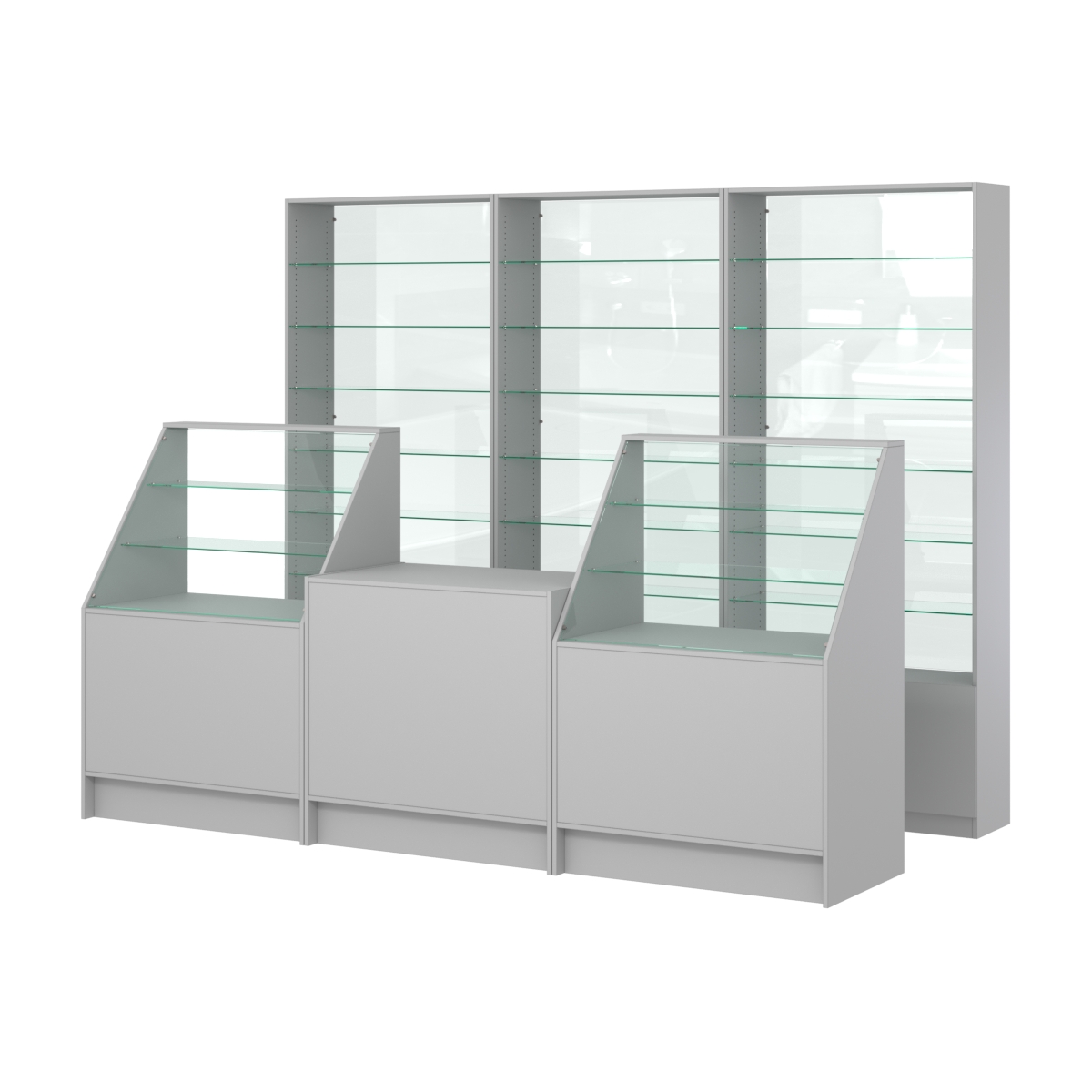 Комплект стеллажей со стеклянными полками U-6 №12-1 и прилавков ЭК-07 Серый