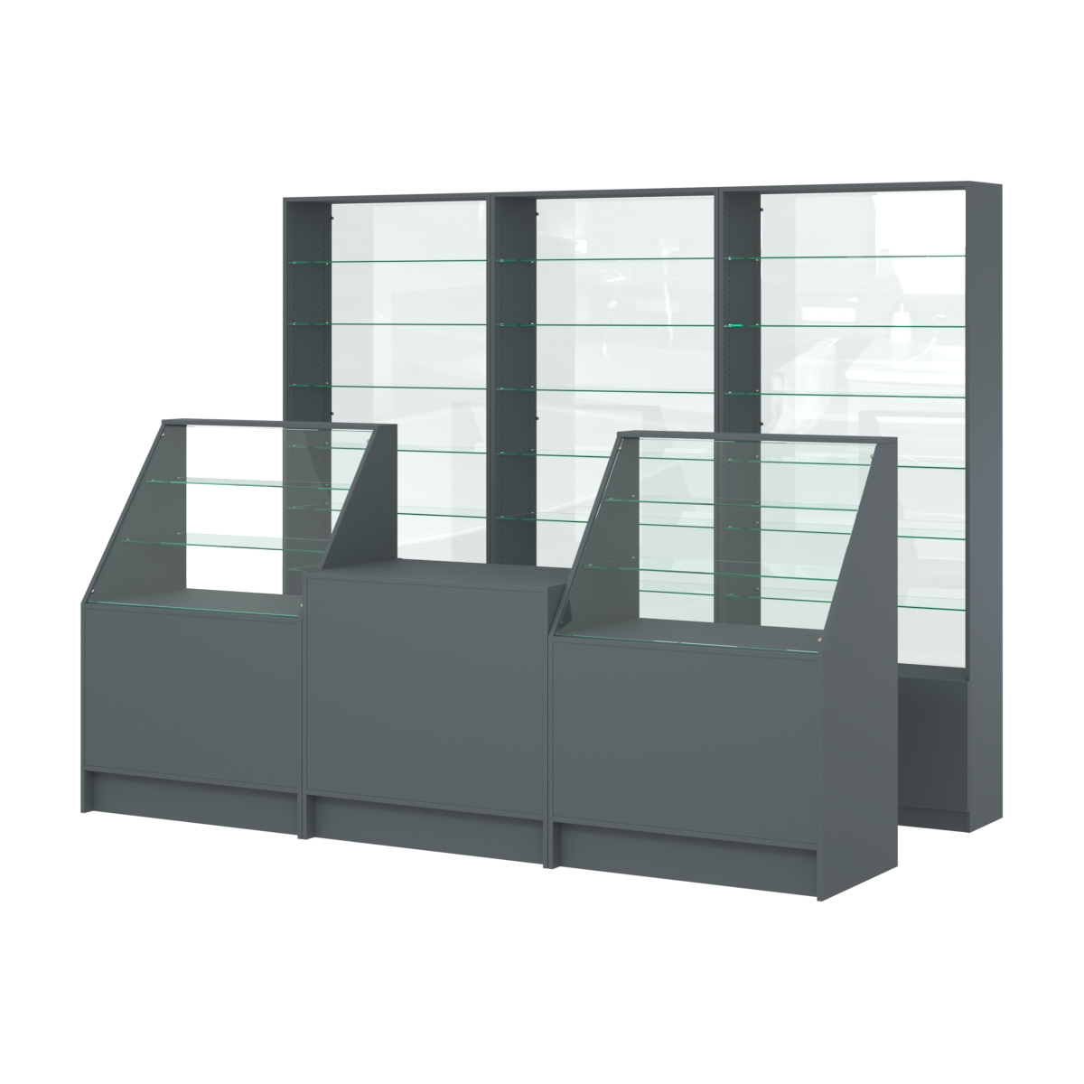 Комплект стеллажей со стеклянными полками U-6 №12-1 и прилавков ЭК-07 Темно-Серый