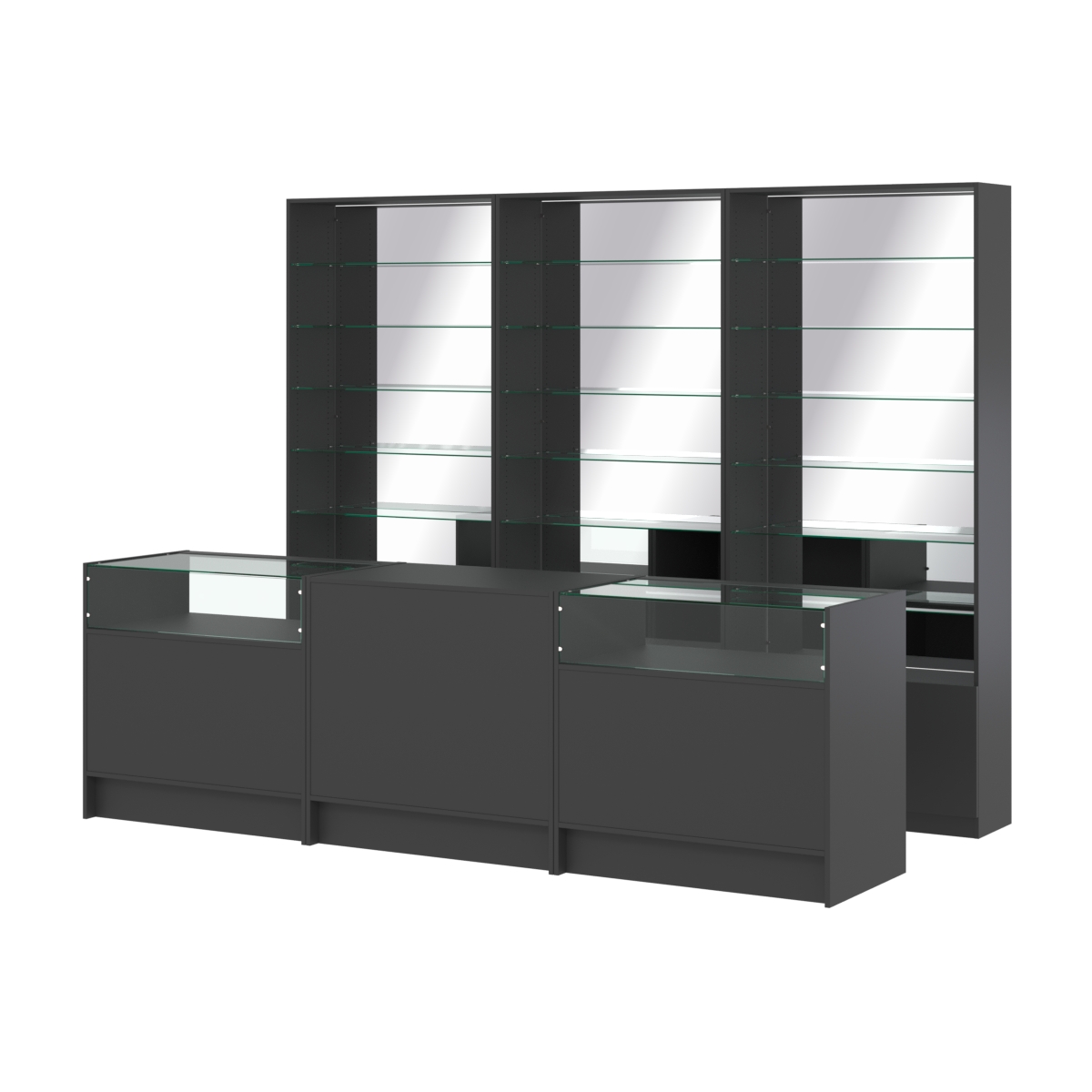 Комплект стеллажей со стеклянными полками U-6 №12-2 и прилавков ЭК-02 Черный