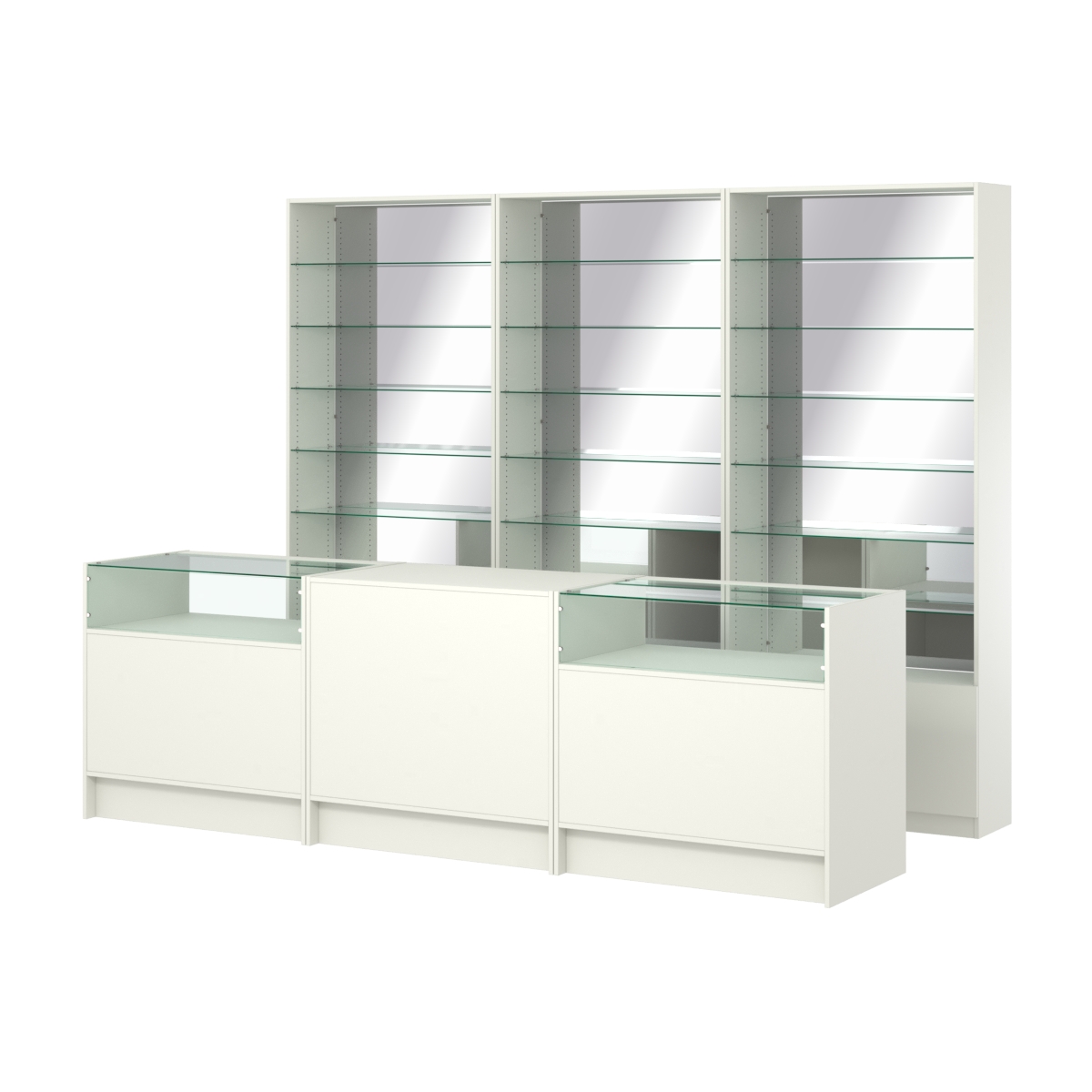 Комплект стеллажей со стеклянными полками U-6 №12-2 и прилавков ЭК-02 Белый