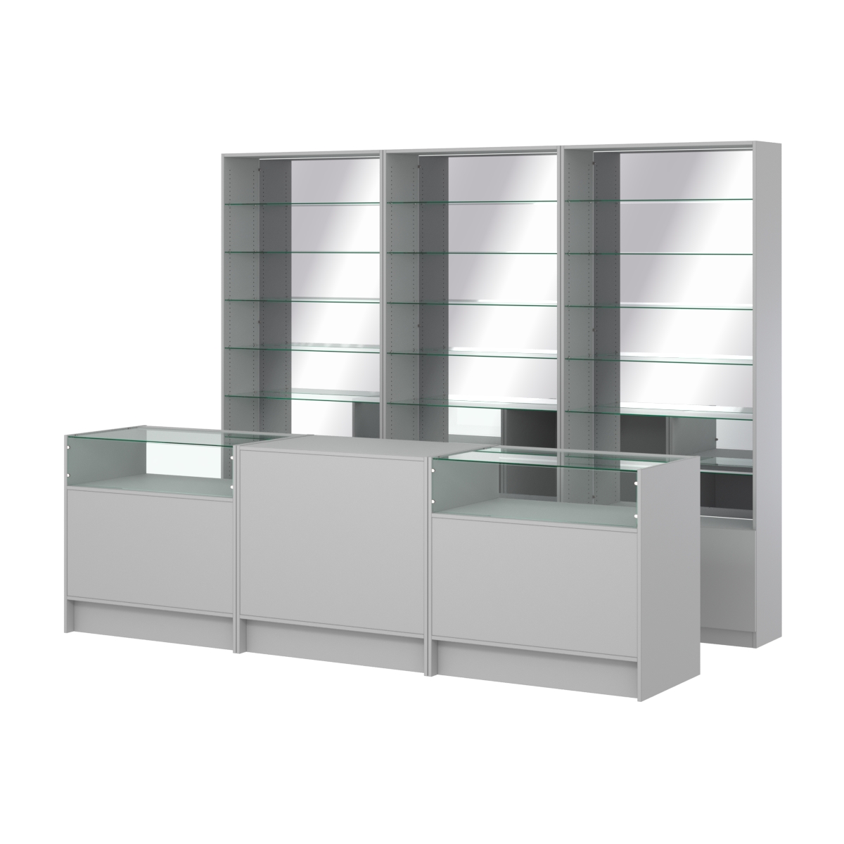 Комплект стеллажей со стеклянными полками U-6 №12-2 и прилавков ЭК-02 Серый