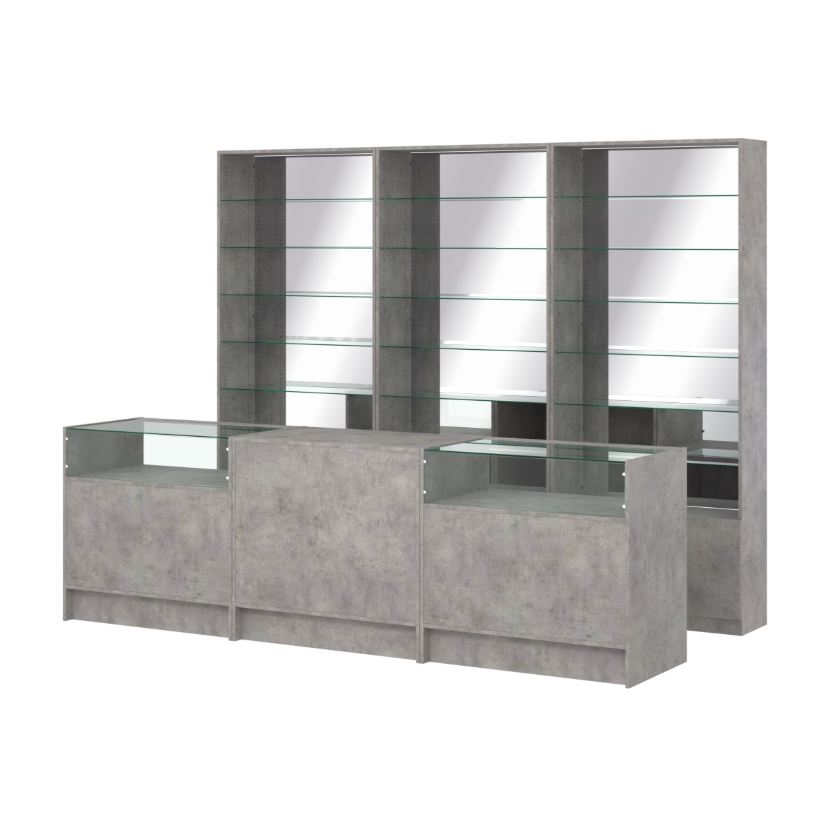 Комплект стеллажей со стеклянными полками U-6 №12-2 и прилавков ЭК-02 Бетон Чикаго светло-серый F186 ST9