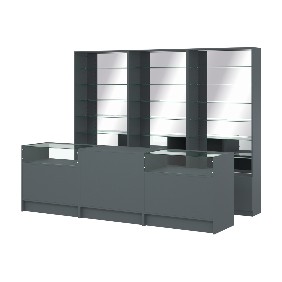 Комплект стеллажей со стеклянными полками U-6 №12-2 и прилавков ЭК-02 Темно-Серый