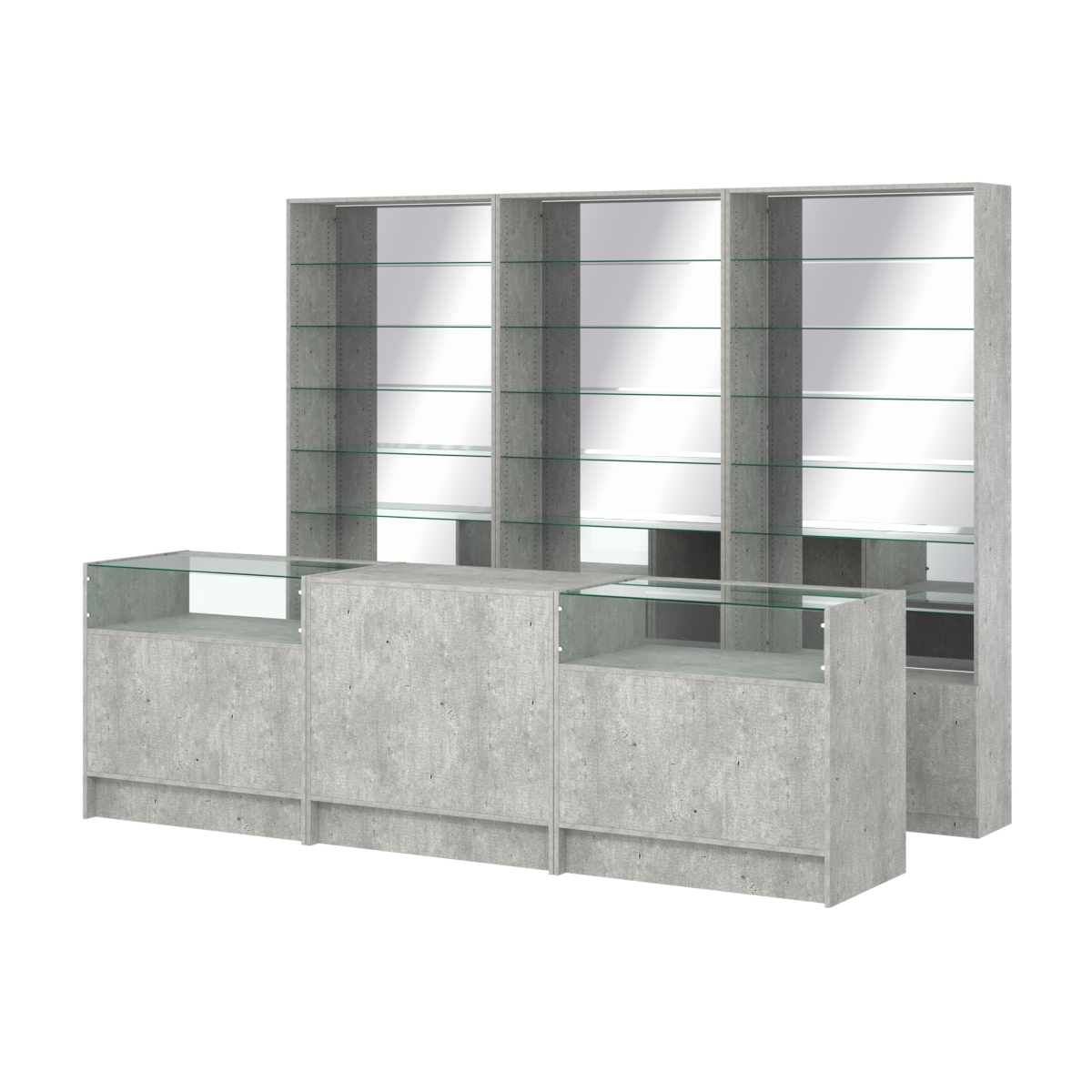 Комплект стеллажей со стеклянными полками U-6 №12-2 и прилавков ЭК-02 Метрополитан Грей