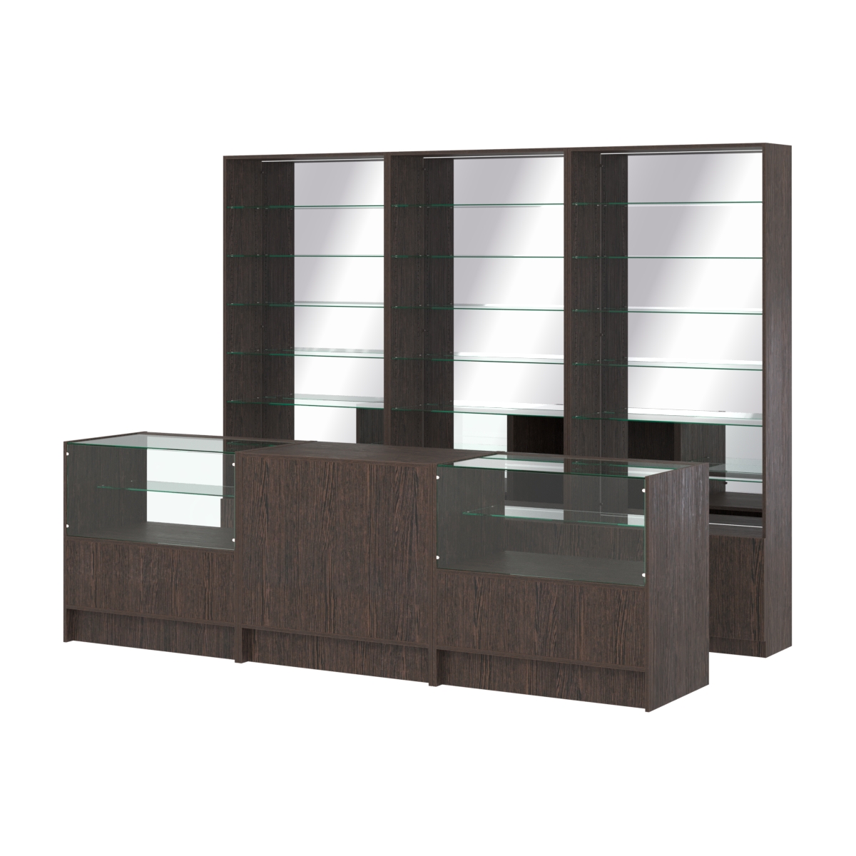 Комплект стеллажей со стеклянными полками U-6 №12-2 и прилавков ЭК-03 Дуб Венге