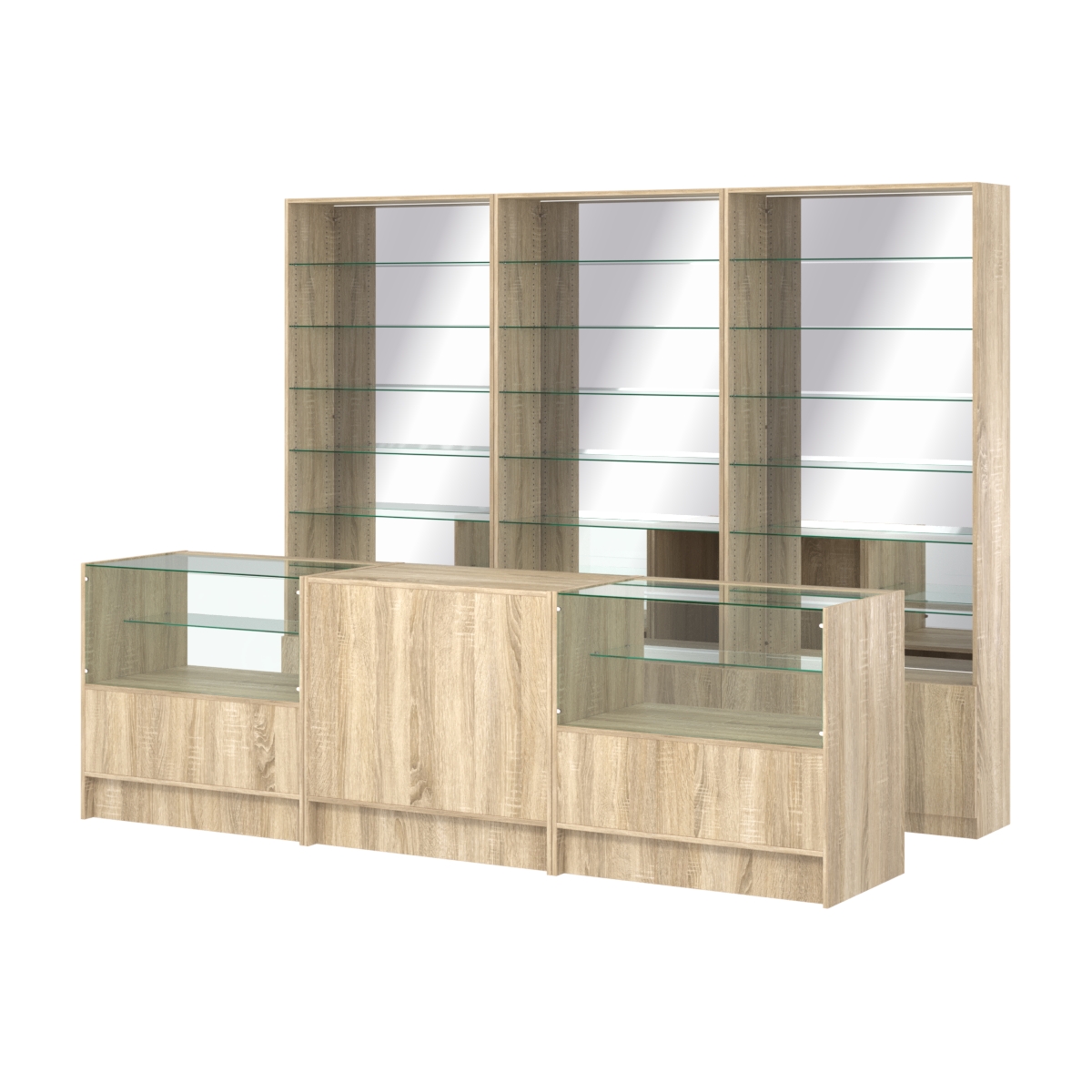 Комплект стеллажей со стеклянными полками U-6 №12-2 и прилавков ЭК-03 Дуб сонома