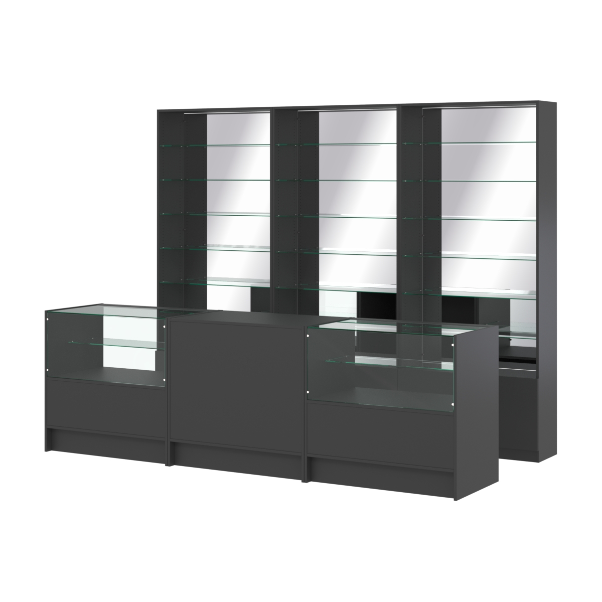 Комплект стеллажей со стеклянными полками U-6 №12-2 и прилавков ЭК-03 Черный