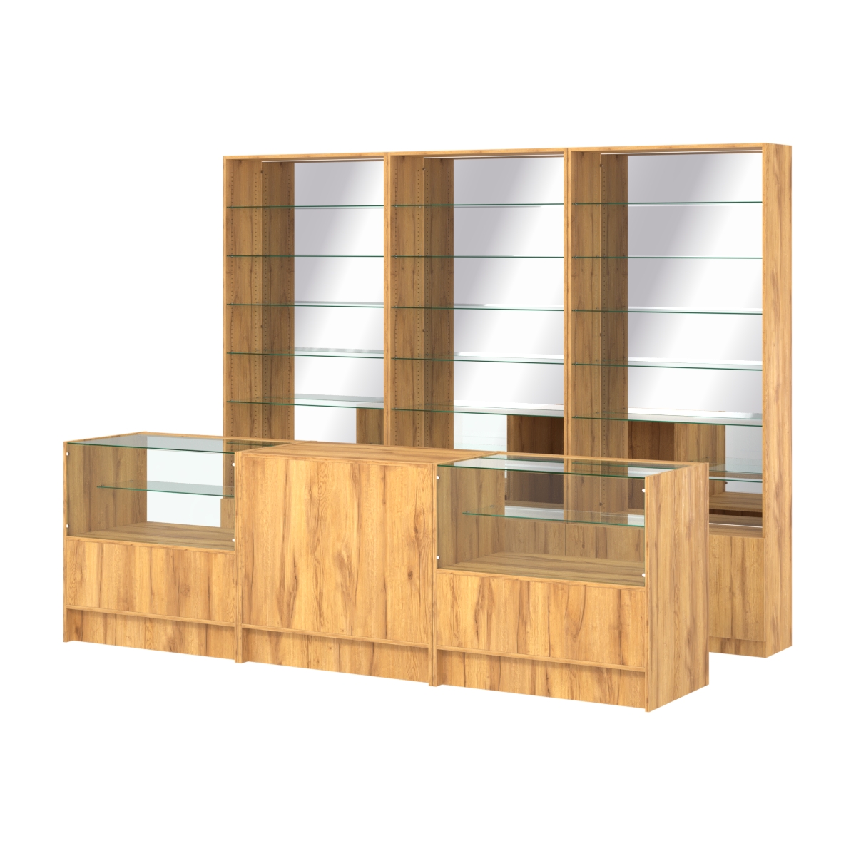 Комплект стеллажей со стеклянными полками U-6 №12-2 и прилавков ЭК-03 Дуб Золотистый
