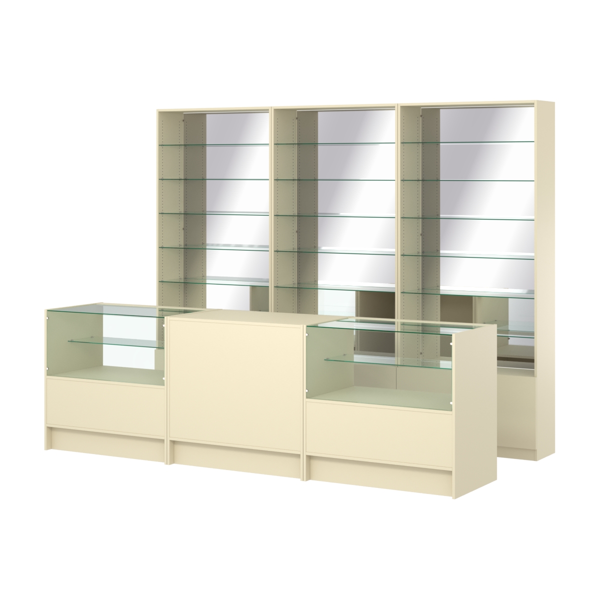 Комплект стеллажей со стеклянными полками U-6 №12-2 и прилавков ЭК-03 Крем Вайс