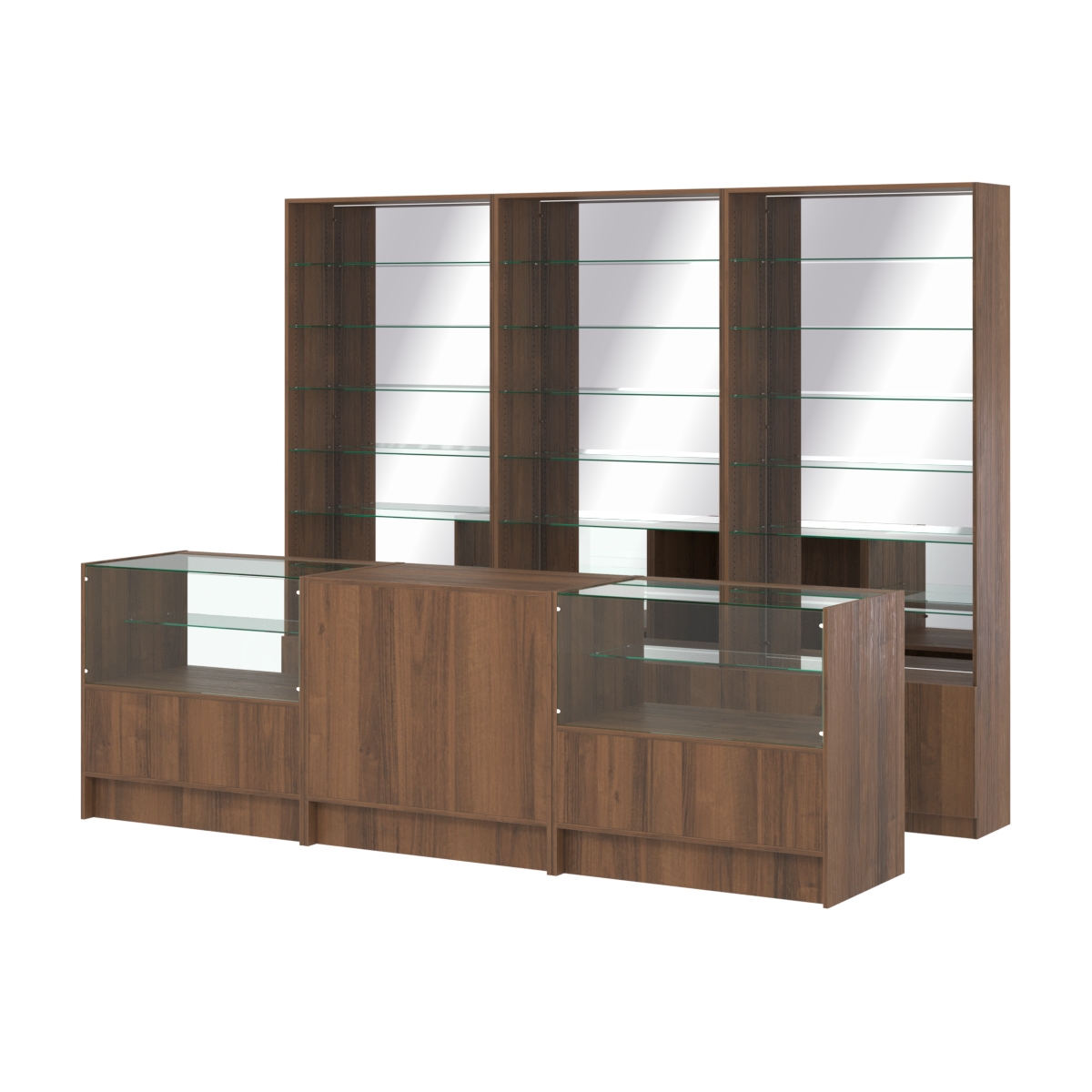 Комплект стеллажей со стеклянными полками U-6 №12-2 и прилавков ЭК-03 Орех