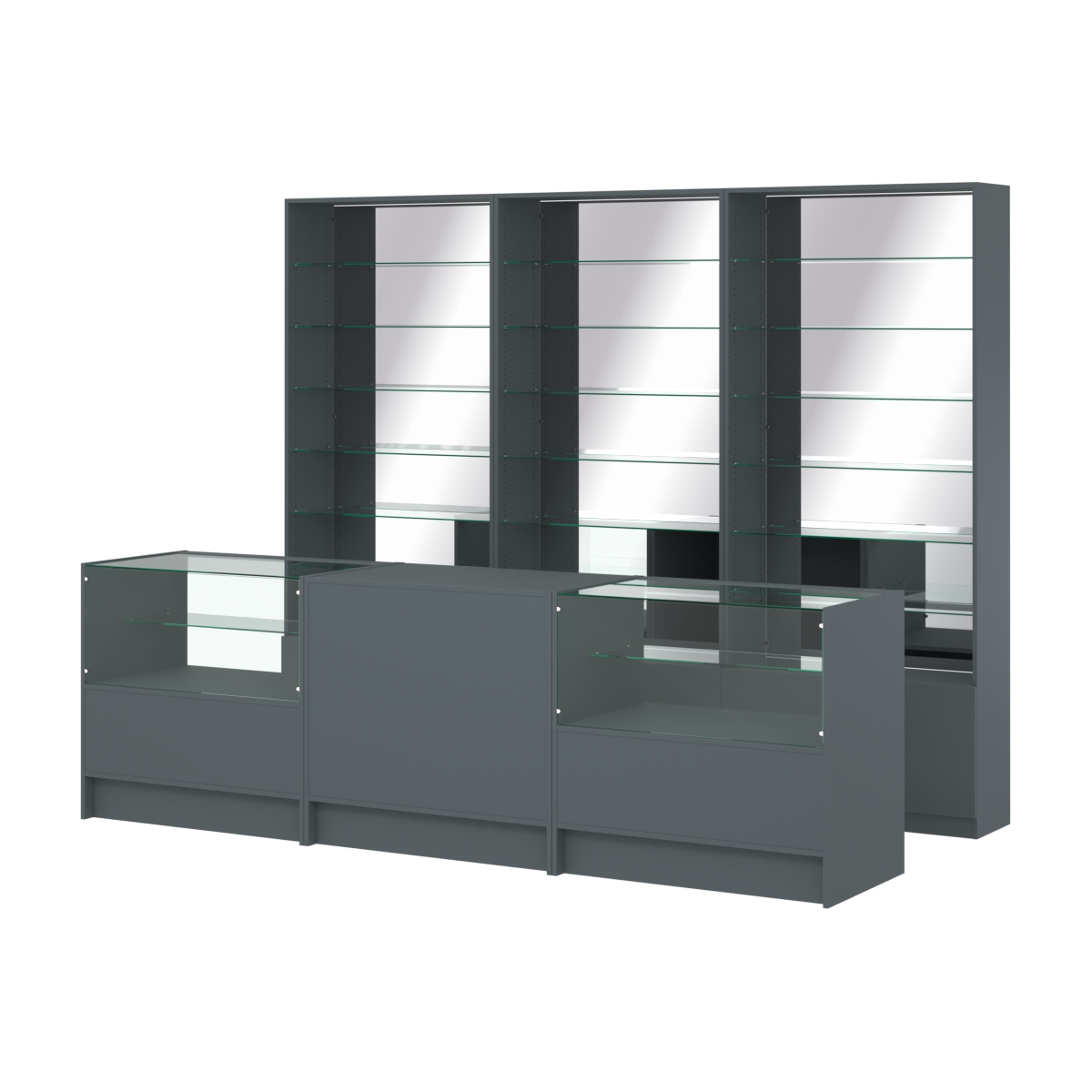 Комплект стеллажей со стеклянными полками U-6 №12-2 и прилавков ЭК-03 Темно-Серый