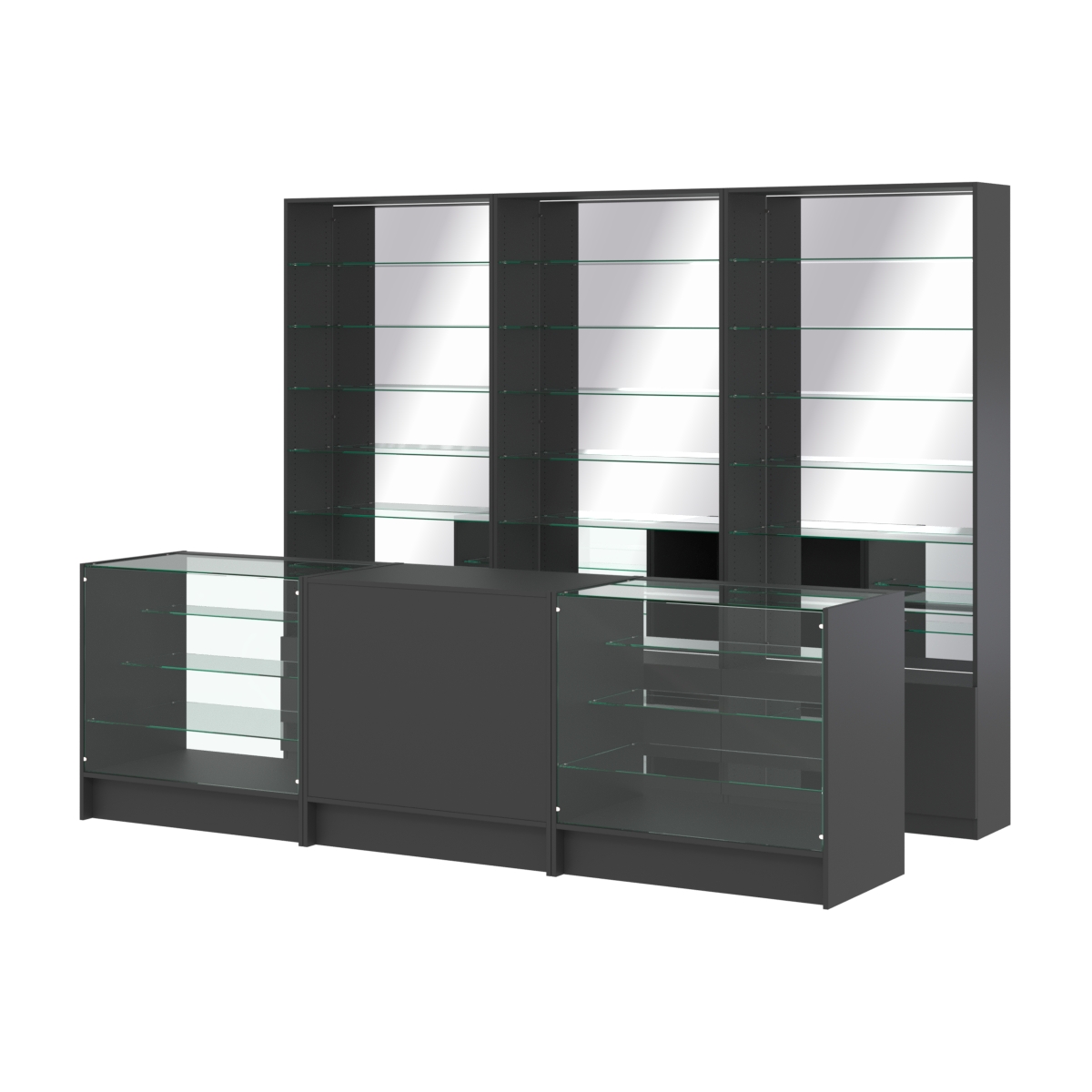 Комплект стеллажей со стеклянными полками U-6 №12-2 и прилавков ЭК-04 Черный