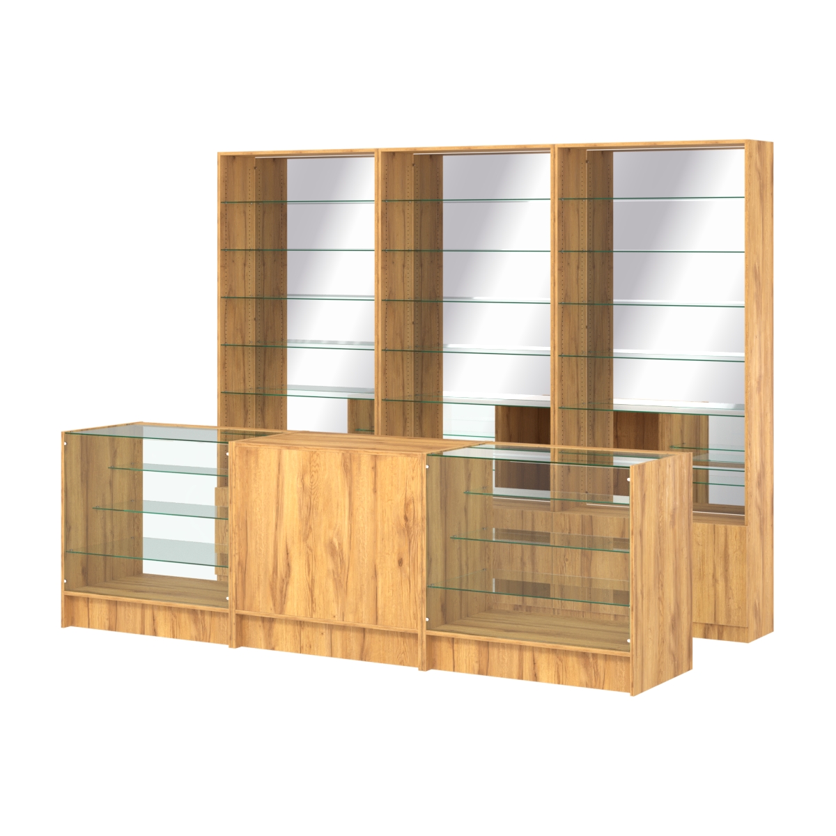 Комплект стеллажей со стеклянными полками U-6 №12-2 и прилавков ЭК-04 Дуб Золотистый