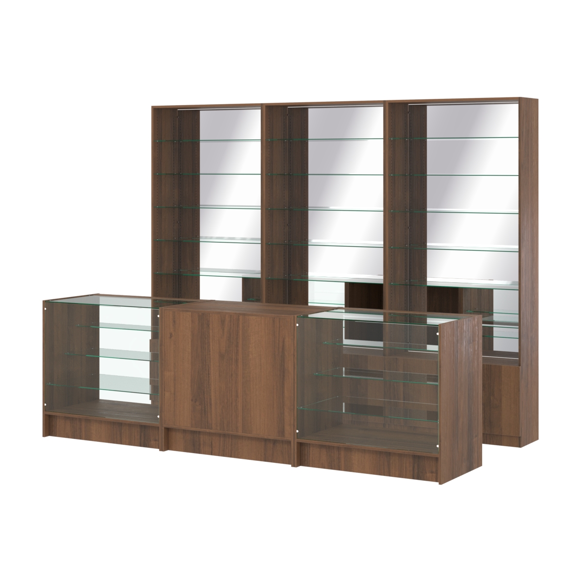Комплект стеллажей со стеклянными полками U-6 №12-2 и прилавков ЭК-04 Орех