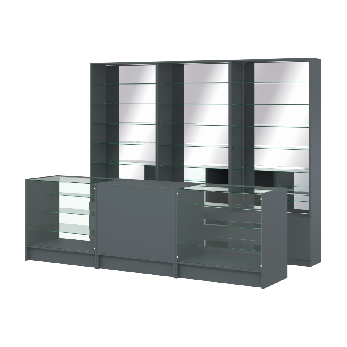 Комплект стеллажей со стеклянными полками U-6 №12-2 и прилавков ЭК-04 Темно-Серый