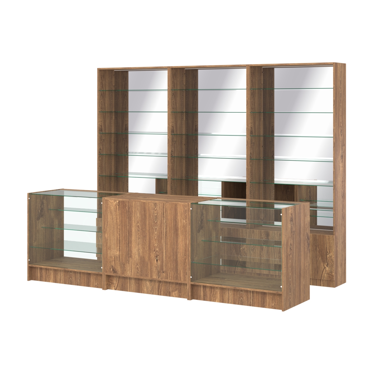 Комплект стеллажей со стеклянными полками U-6 №12-2 и прилавков ЭК-04 Дуб Канзас коричневый
