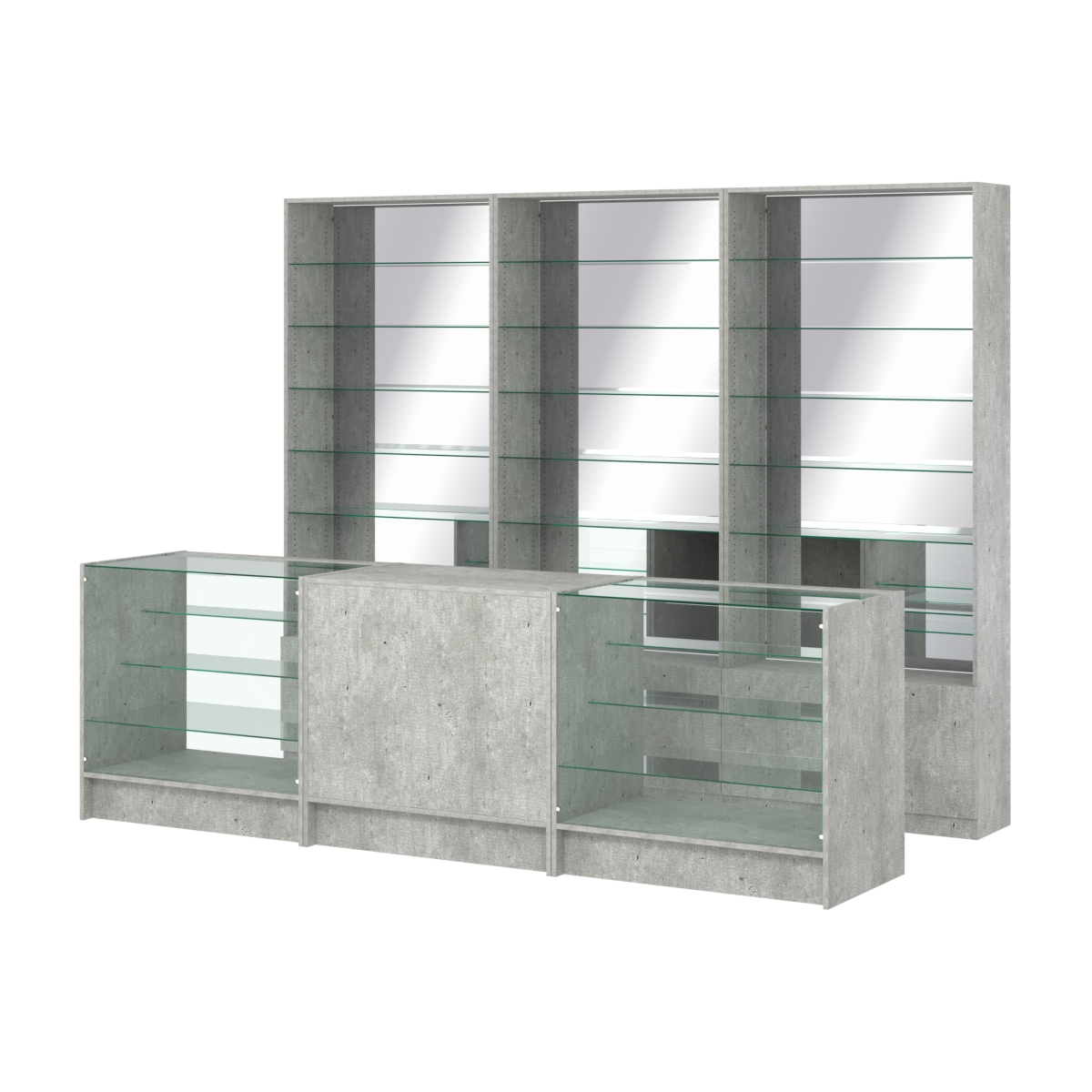 Комплект стеллажей со стеклянными полками U-6 №12-2 и прилавков ЭК-04 Метрополитан Грей