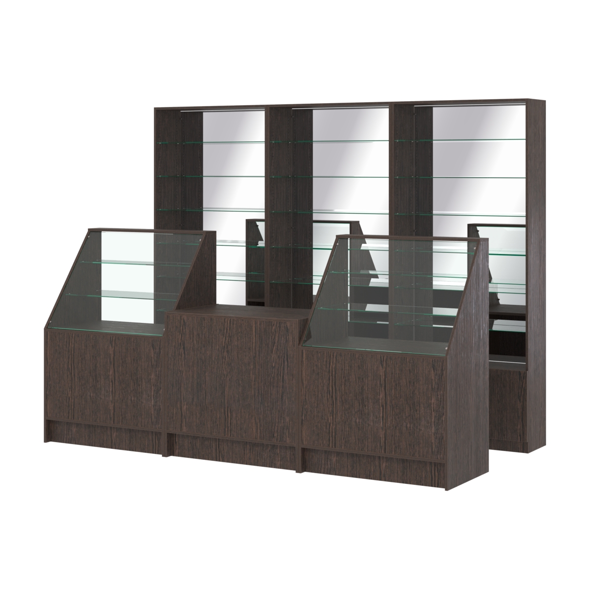 Комплект стеллажей со стеклянными полками U-6 №12-2 и прилавков ЭК-07 Дуб Венге