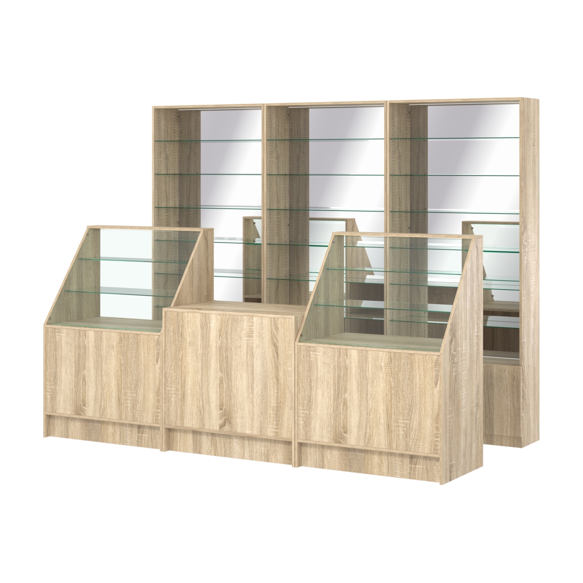 Комплект стеллажей со стеклянными полками U-6 №12-2 и прилавков ЭК-07 Дуб сонома