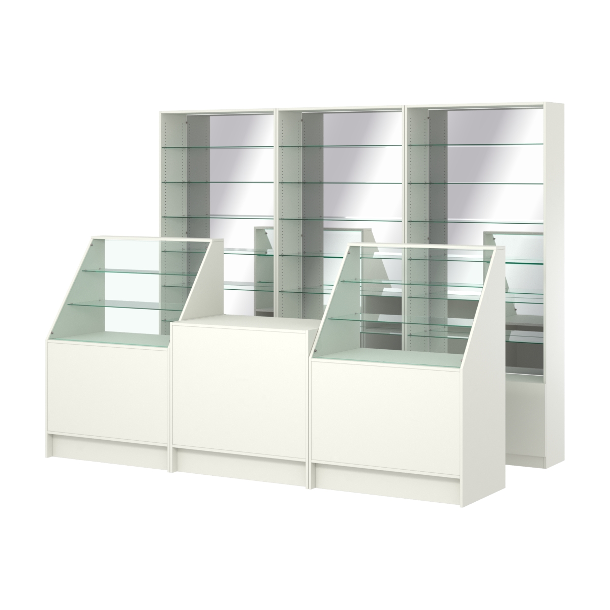 Комплект стеллажей со стеклянными полками U-6 №12-2 и прилавков ЭК-07 Белый