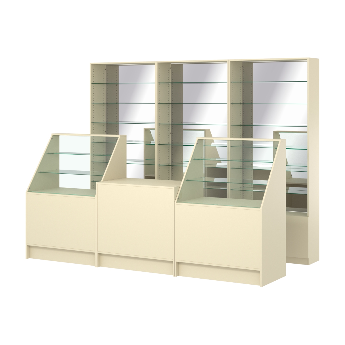 Комплект стеллажей со стеклянными полками U-6 №12-2 и прилавков ЭК-07 Крем Вайс