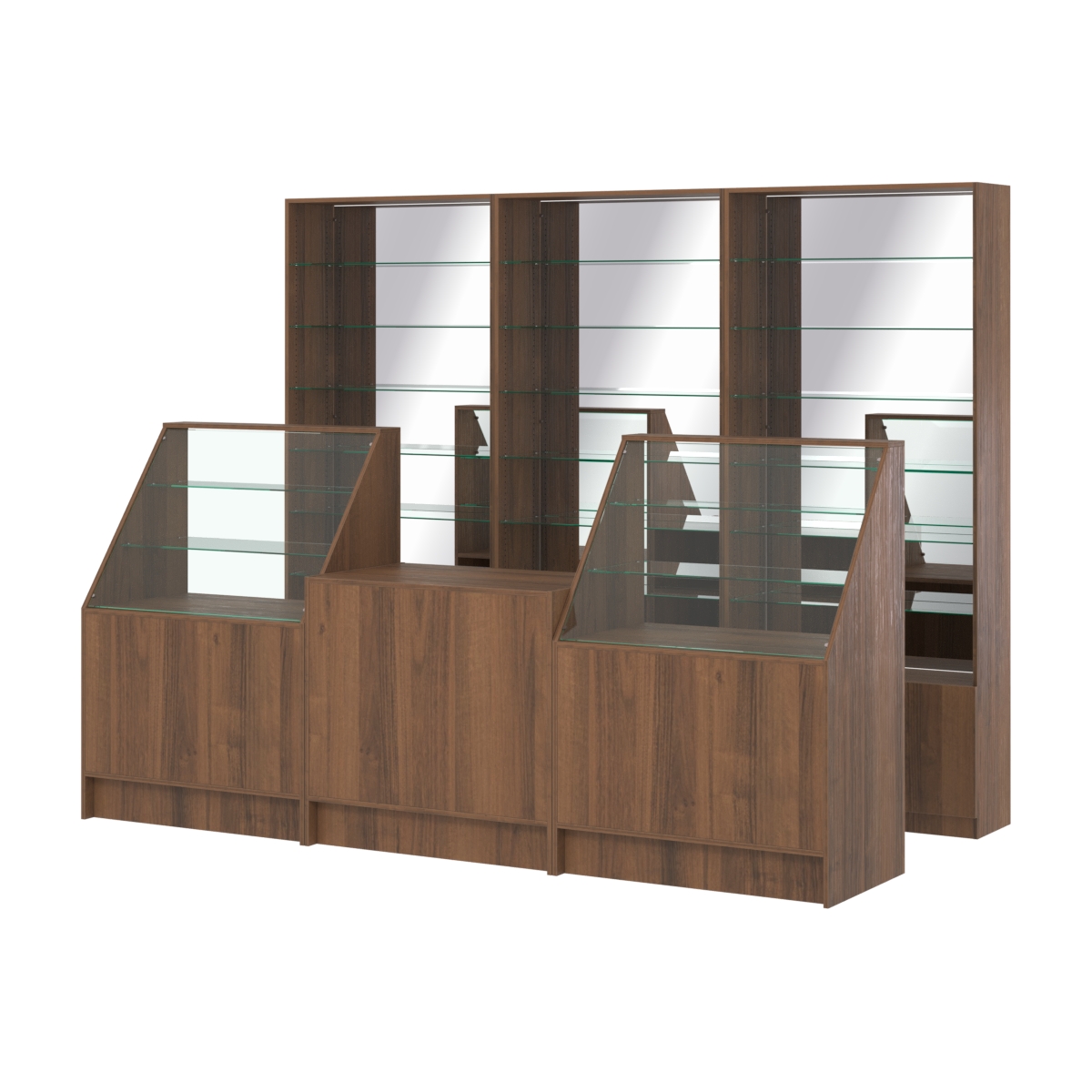 Комплект стеллажей со стеклянными полками U-6 №12-2 и прилавков ЭК-07 Орех