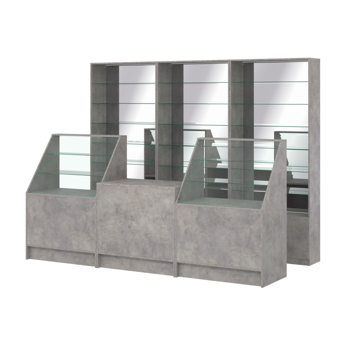 Комплект стеллажей со стеклянными полками U-6 №12-2 и прилавков ЭК-07 Бетон Чикаго светло-серый F186 ST9