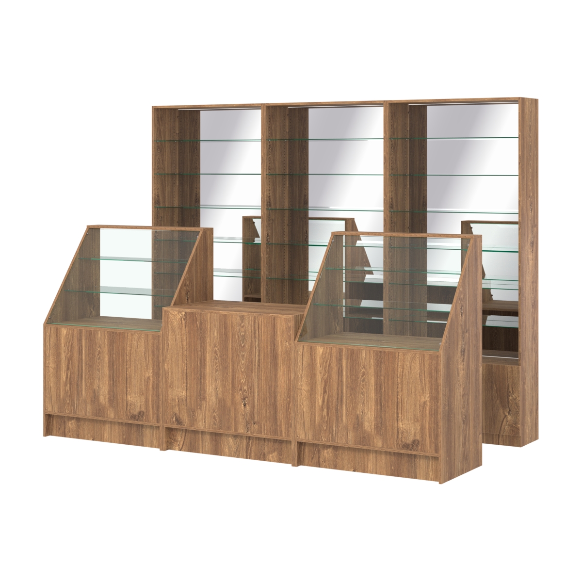 Комплект стеллажей со стеклянными полками U-6 №12-2 и прилавков ЭК-07 Дуб Канзас коричневый