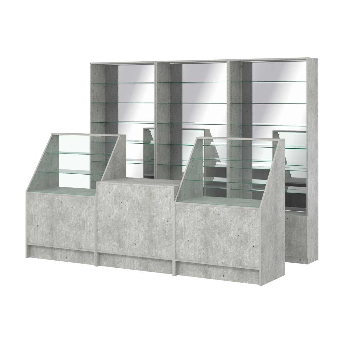 Комплект стеллажей со стеклянными полками U-6 №12-2 и прилавков ЭК-07 Метрополитан Грей