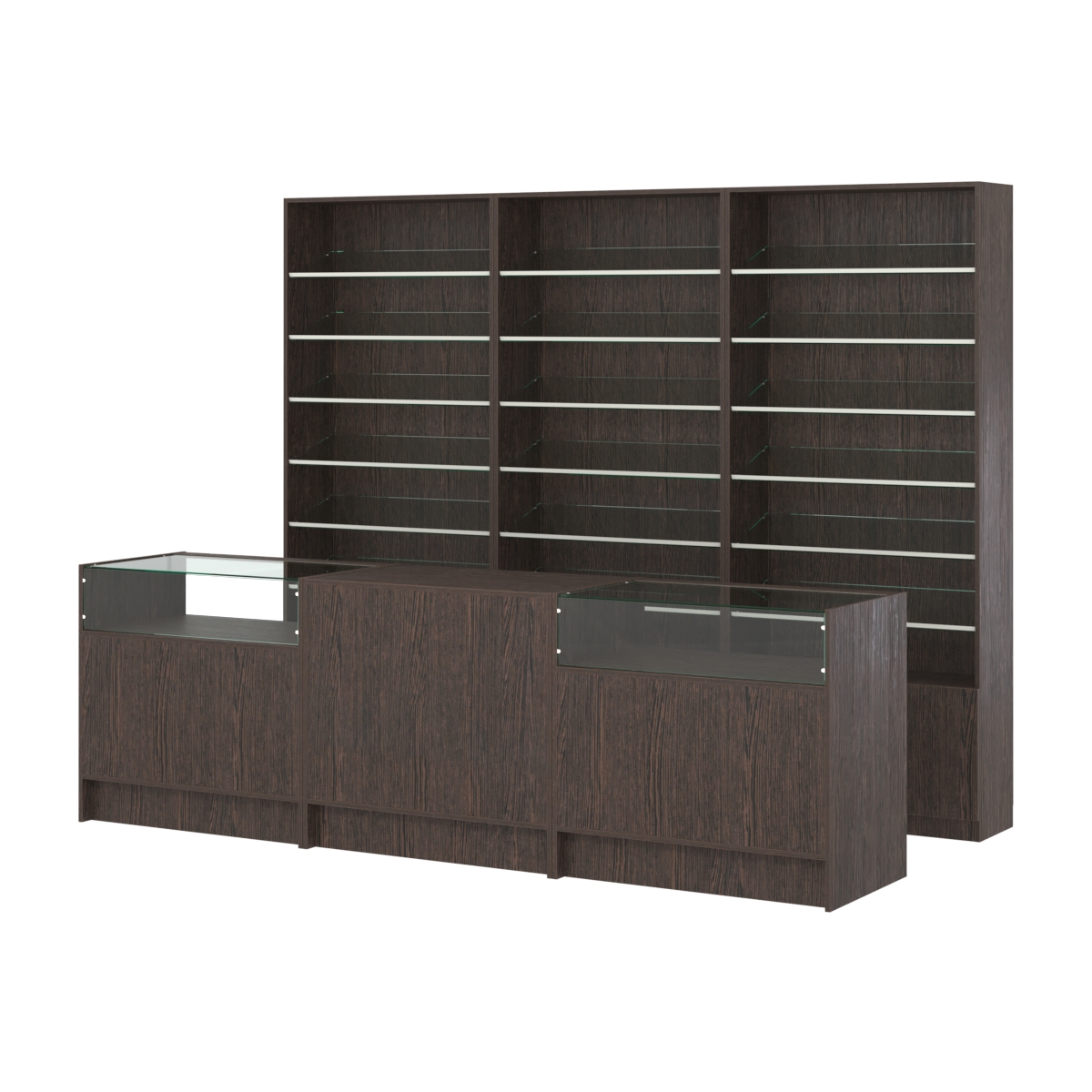 Комплект стеллажей с наклонными стеклянными полками SL-6 №12 и прилавков ЭК-02 Дуб Венге