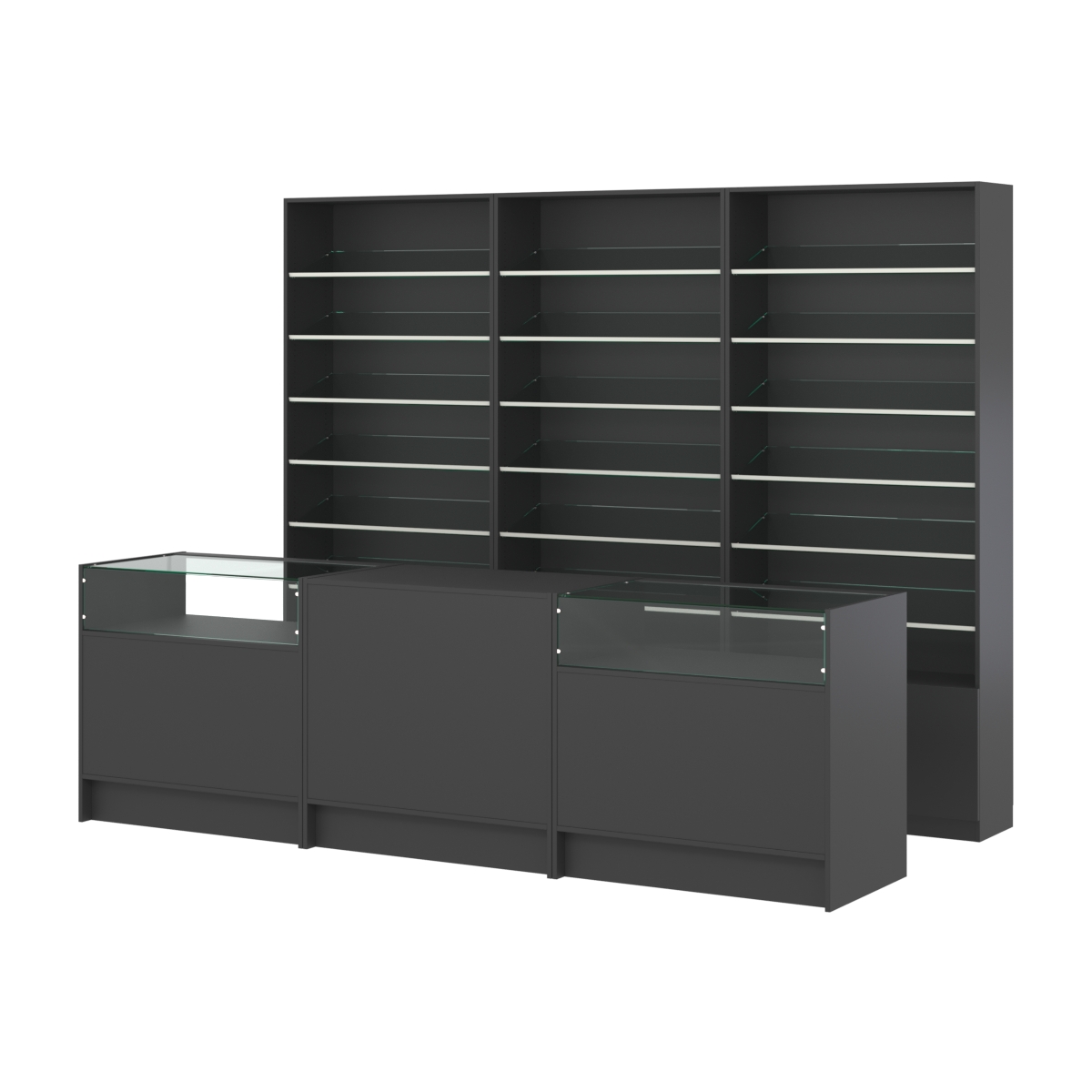 Комплект стеллажей с наклонными стеклянными полками SL-6 №12 и прилавков ЭК-02 Черный