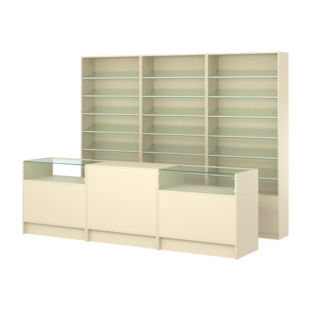 Комплект стеллажей с наклонными стеклянными полками SL-6 №12 и прилавков ЭК-02 Крем Вайс