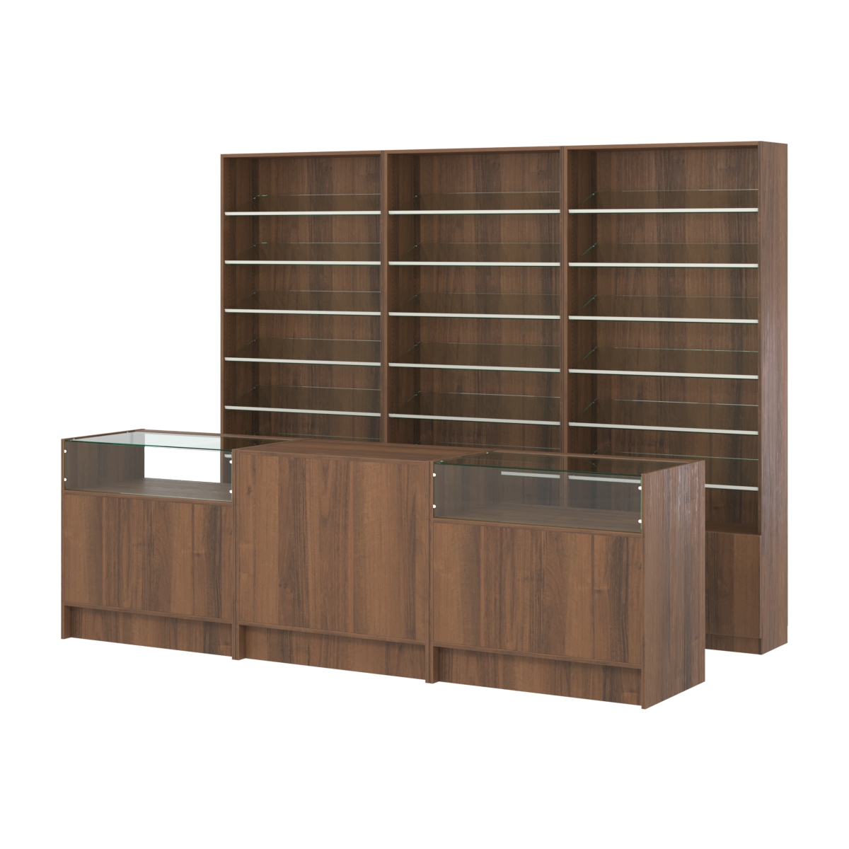 Комплект стеллажей с наклонными стеклянными полками SL-6 №12 и прилавков ЭК-02 Орех