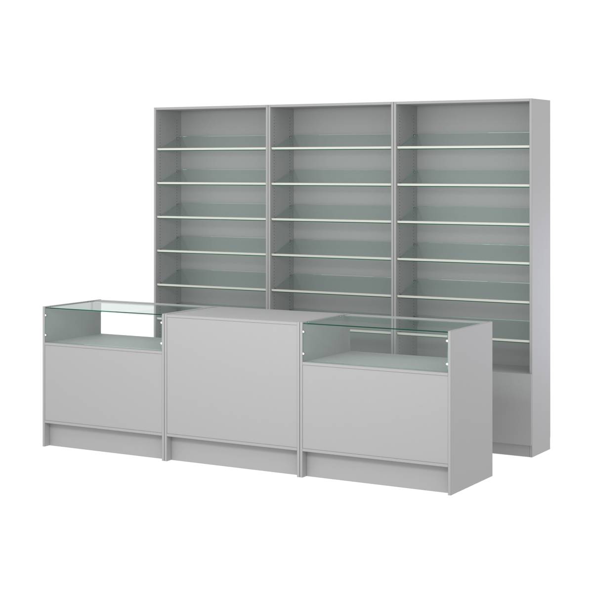 Комплект стеллажей с наклонными стеклянными полками SL-6 №12 и прилавков ЭК-02 Серый