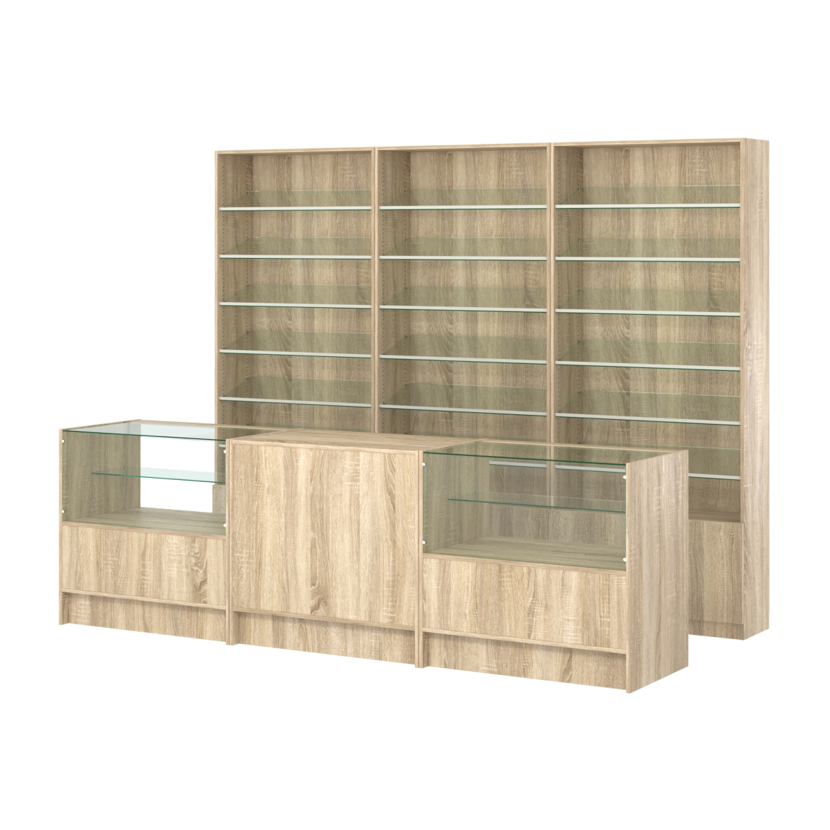 Комплект стеллажей с наклонными стеклянными полками SL-6 №12 и прилавков ЭК-03 Дуб сонома