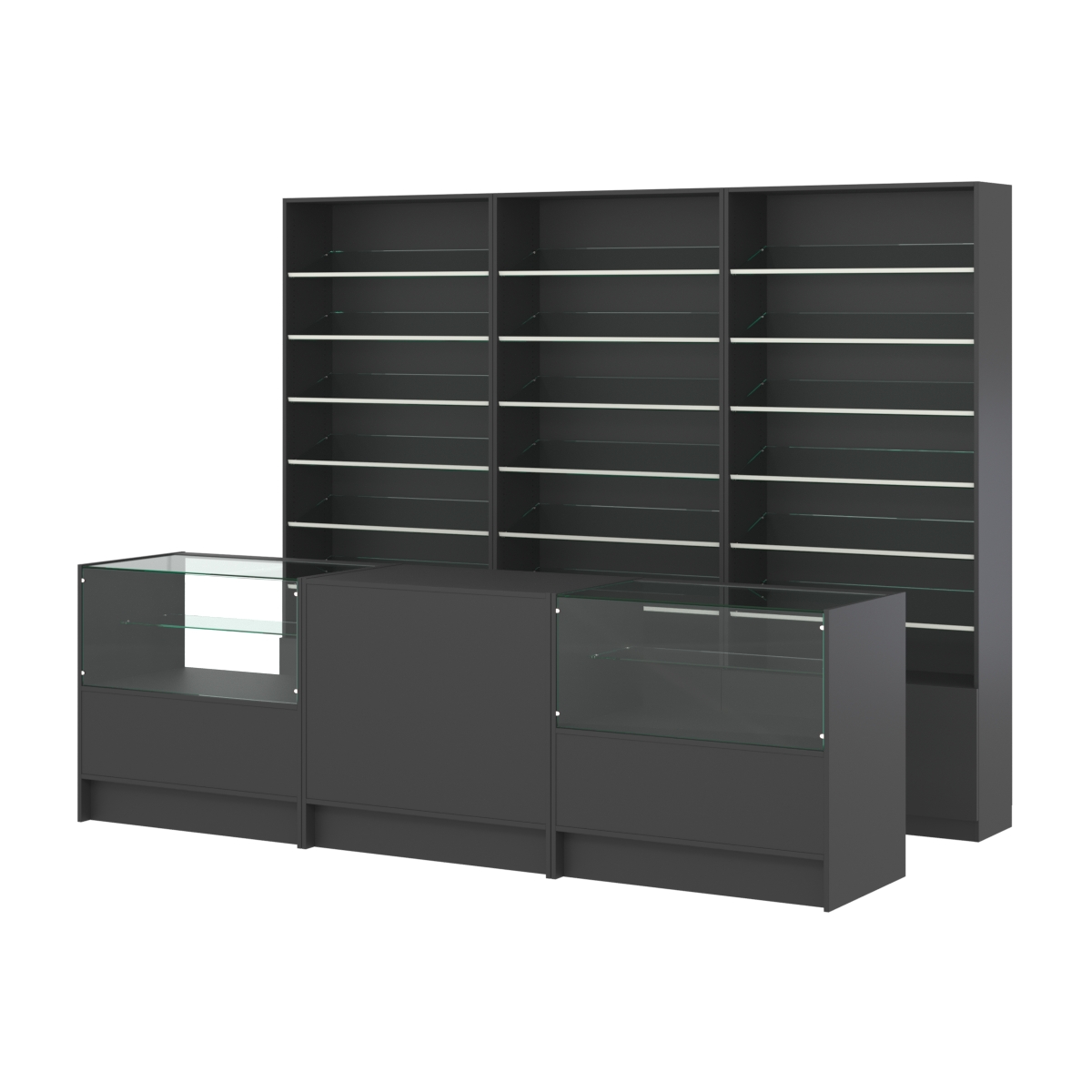 Комплект стеллажей с наклонными стеклянными полками SL-6 №12 и прилавков ЭК-03 Черный