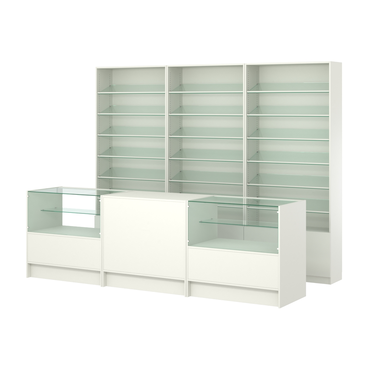 Комплект стеллажей с наклонными стеклянными полками SL-6 №12 и прилавков ЭК-03 Белый