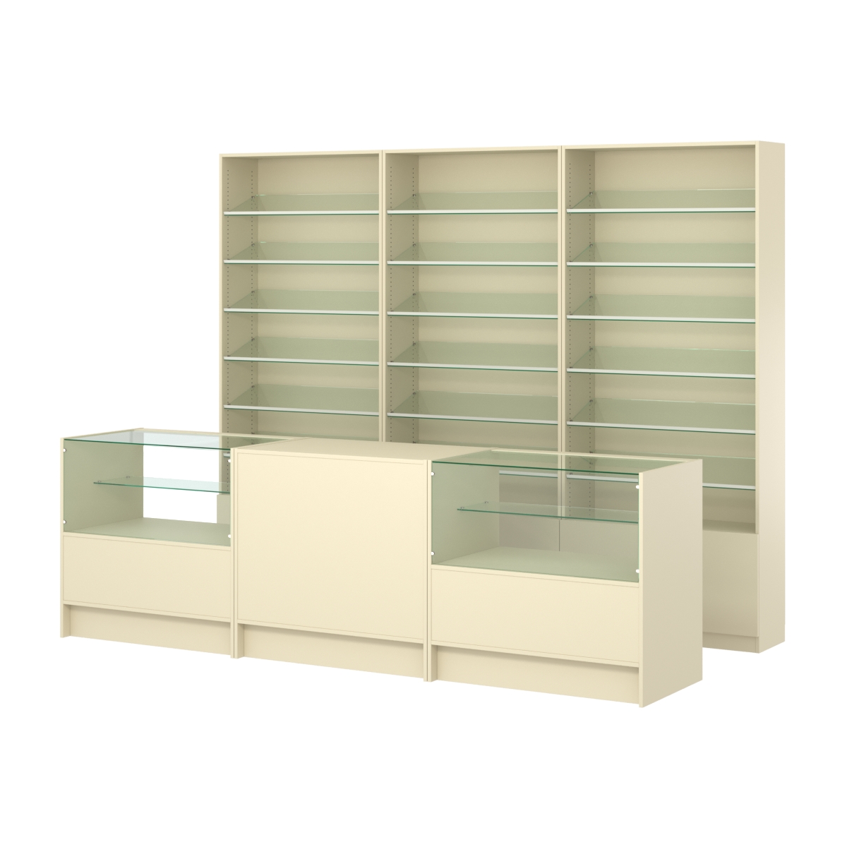 Комплект стеллажей с наклонными стеклянными полками SL-6 №12 и прилавков ЭК-03 Крем Вайс