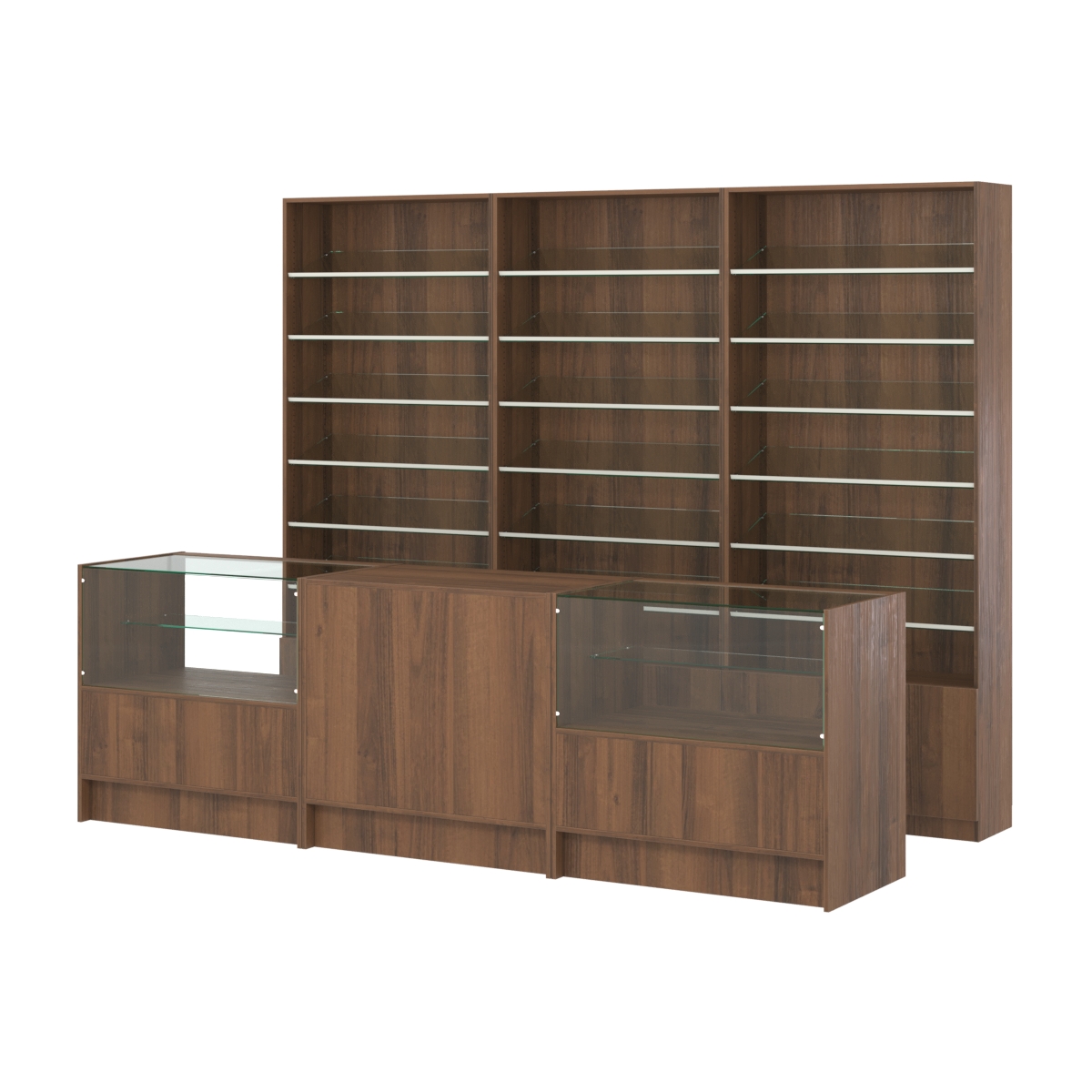 Комплект стеллажей с наклонными стеклянными полками SL-6 №12 и прилавков ЭК-03 Орех