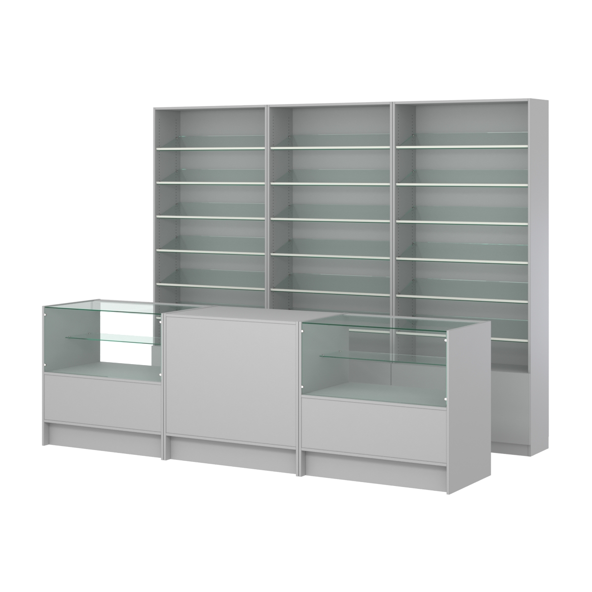 Комплект стеллажей с наклонными стеклянными полками SL-6 №12 и прилавков ЭК-03 Серый