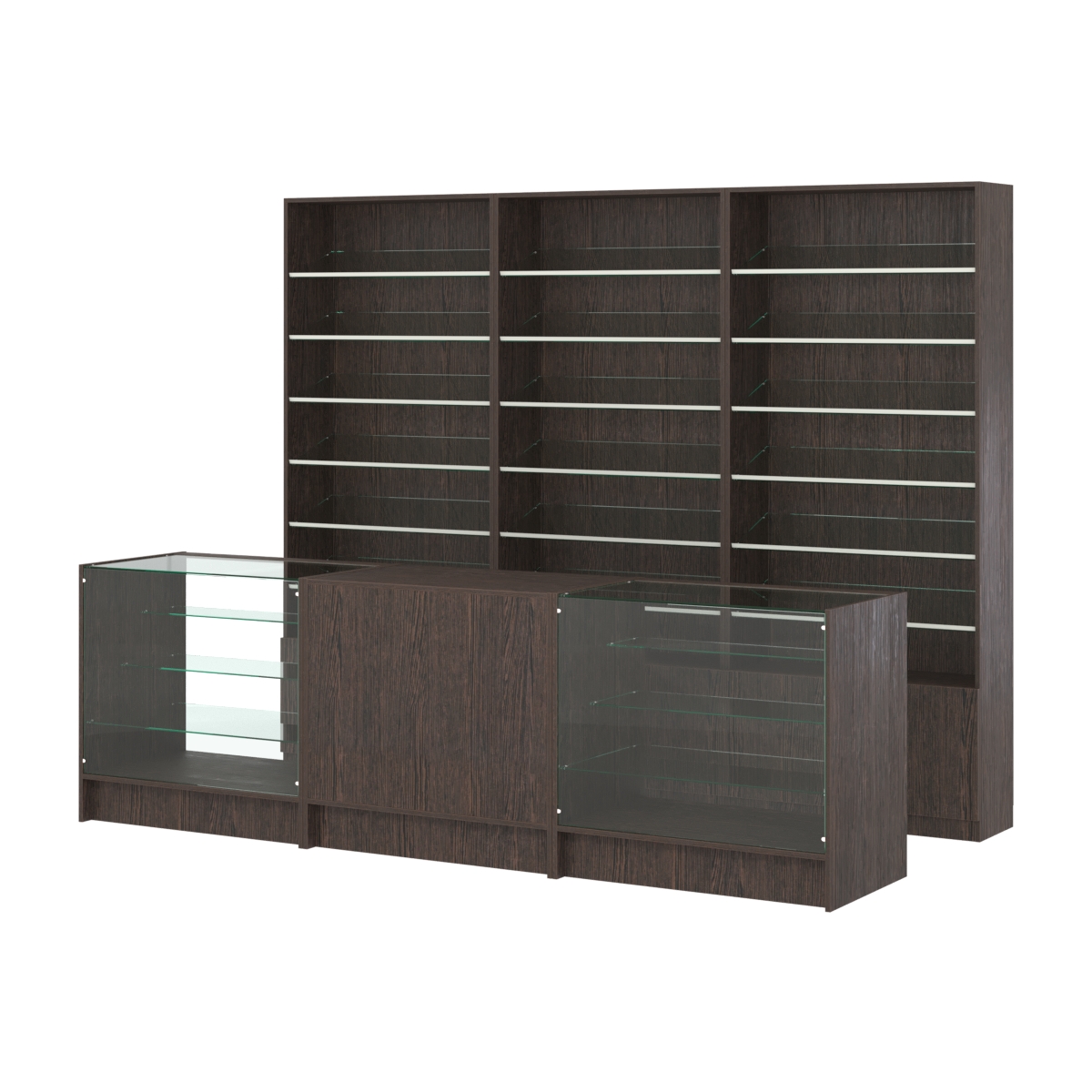 Комплект стеллажей с наклонными стеклянными полками SL-6 №12 и прилавков ЭК-04 Дуб Венге